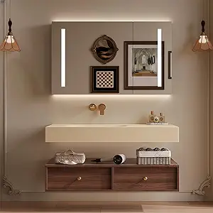 Modern Wall Mounted Floating Bathroom Vanity with Integrated Ceramic Sink, No Assembly Required, Hanging LED Intelligent Lighted Sensor and Demisting Mirror, Cabinet Spaces, 3 Soft Close Drawers