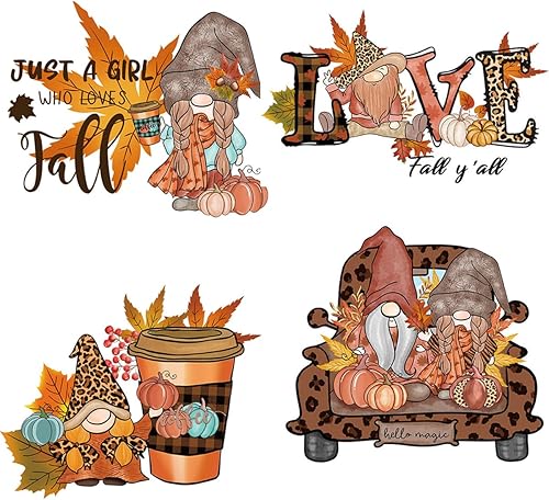 4 hojas de parches de transferencia para planchar para Acción de Gracias, otoño, gnomo, hoja de arce, calcomanías de transferencia de calor para