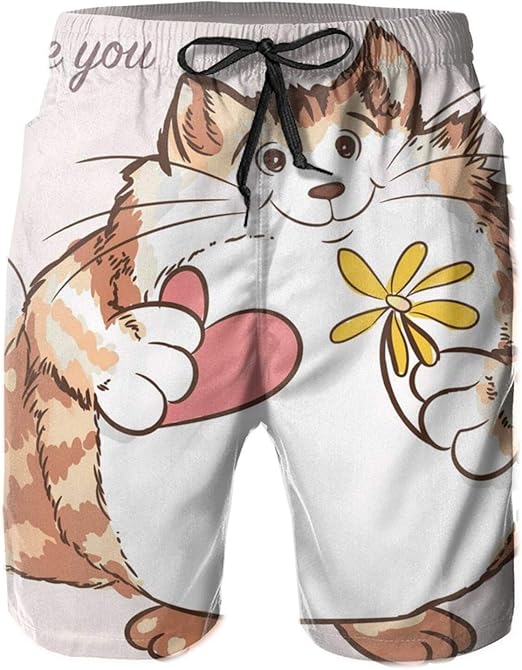 Men's Beach Shorts Cute Fat Cat Holding Heart Quick Dry Bathing Suit