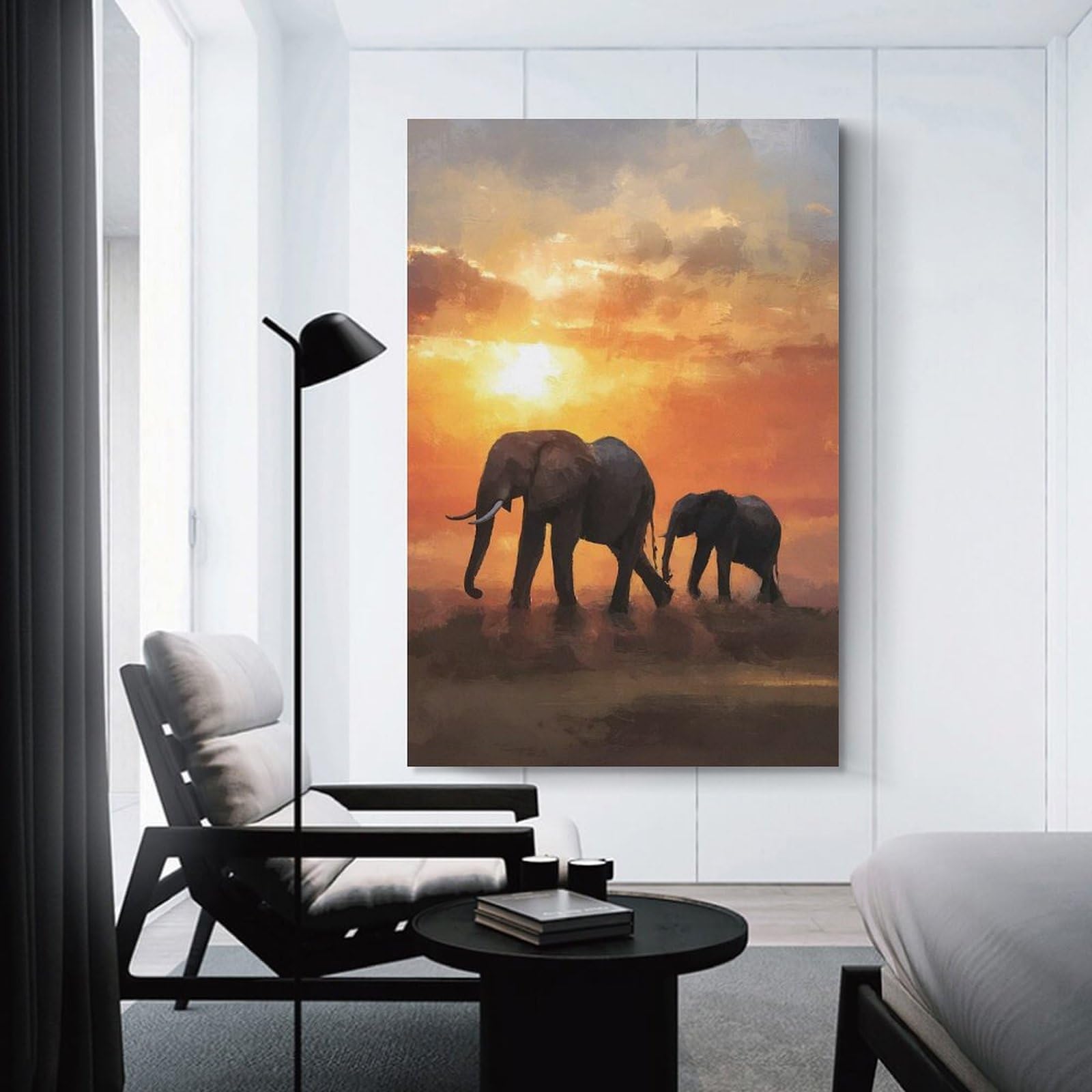 Junmoney Elephants Walking at Sunset Wall Art Print, 16x24inch(40x60cm), for Entrance Spaces, Stair Walls Or Halls, Home Artwork for First Impressions
