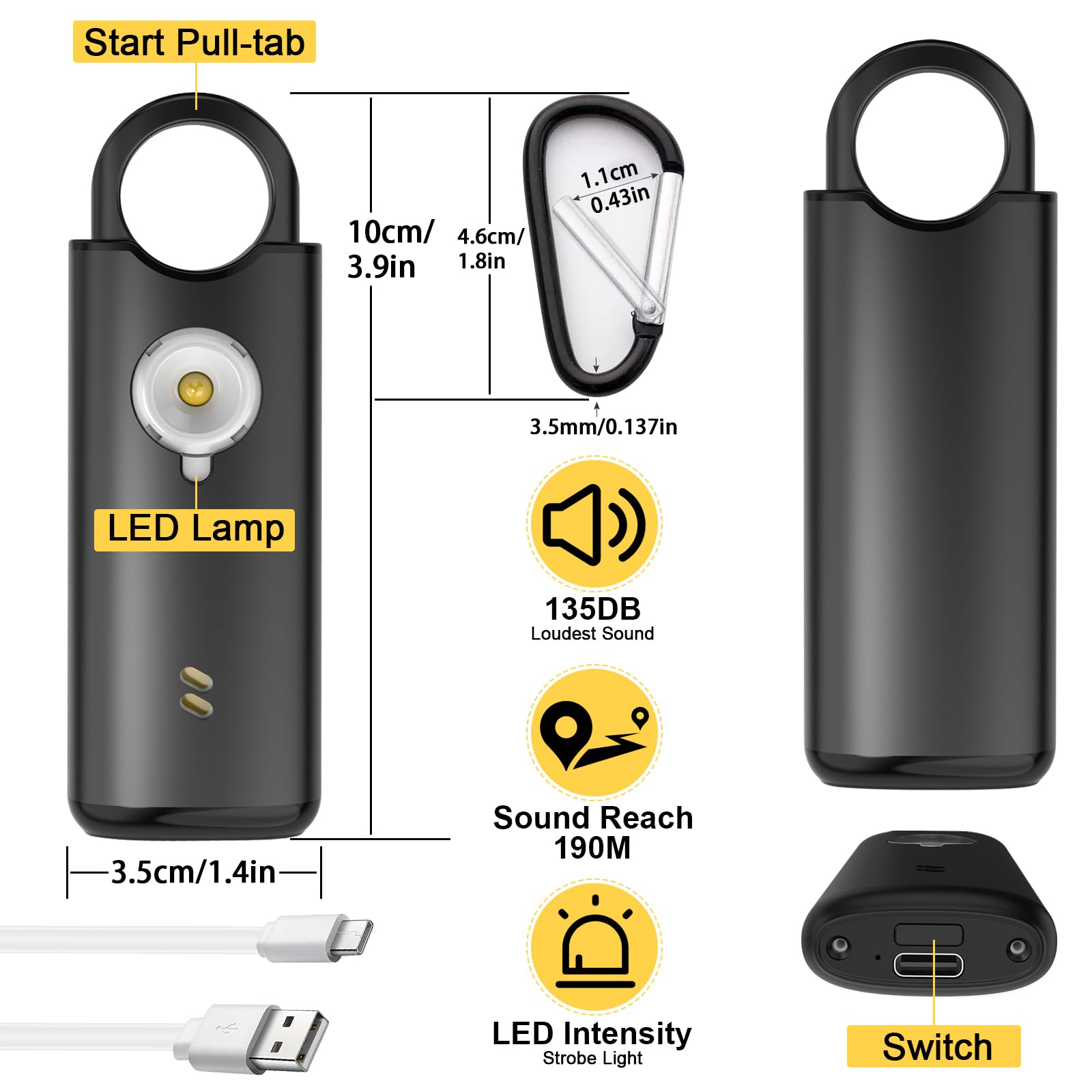 Qoosea Alarma de Seguridad Personal Recargable con Mosquetón - 135dB, Sensor de Vibración, Luz Estroboscópica & Botón de Emergencia para Viajeros de Negocios, Mochileros, Mujeres, Hombres(Negro)