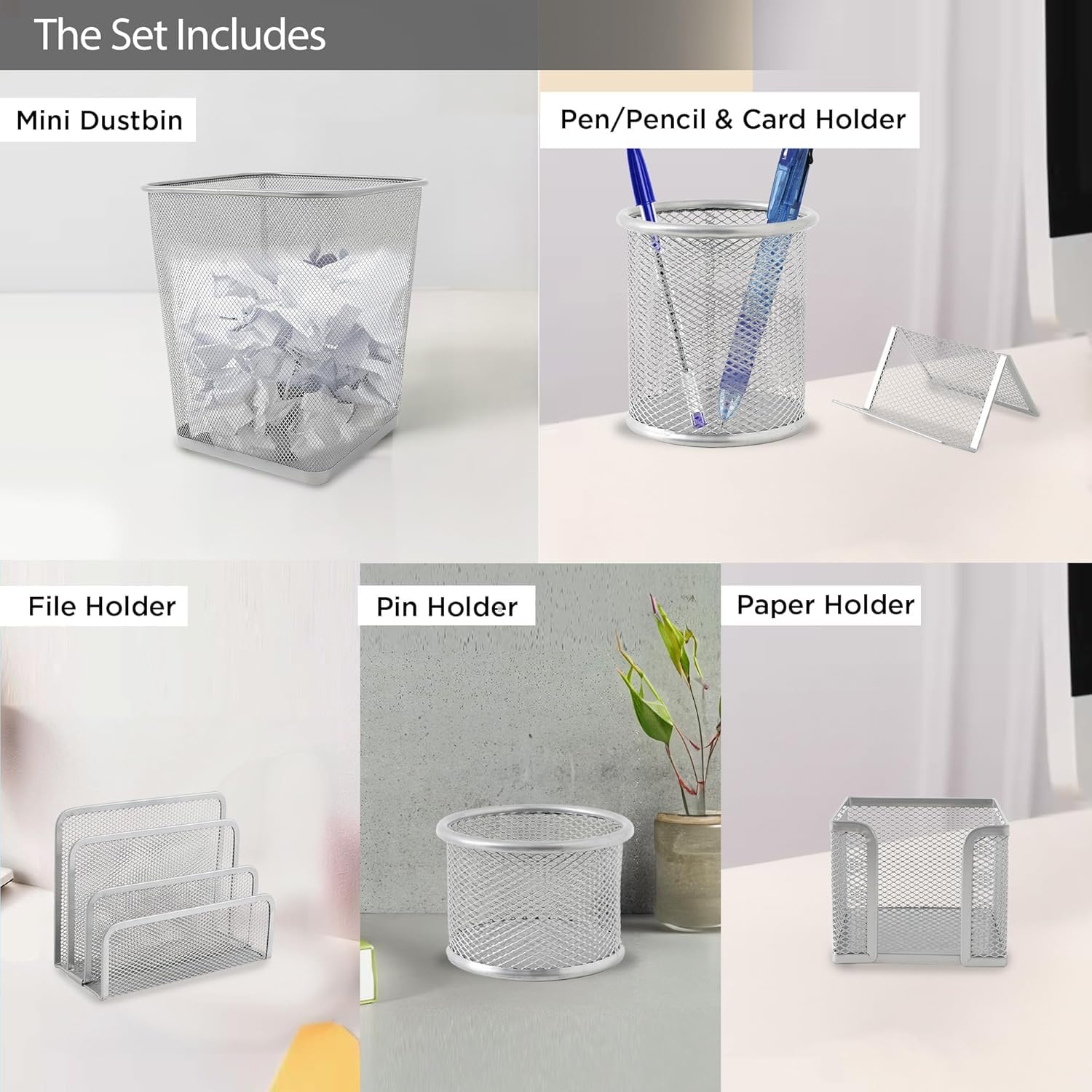 Kuber Industries Zestaw 6 szt. siatkowy metalowy organizer na biurko, książki, pamiętniki, teczki, uchwyt na długopisy i spinacze do papieru, mini pojemnik na śmieci i wizytówki, stojak na gazety