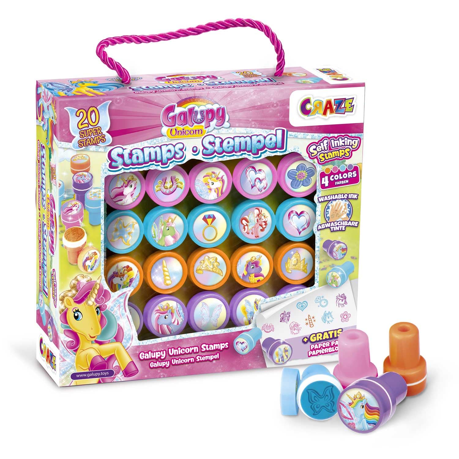CRAZE 20 x Galupy Unicorn Rubber Stamps for Children, 4 Different Colours, Includes Pad for Painting, Washable Ink