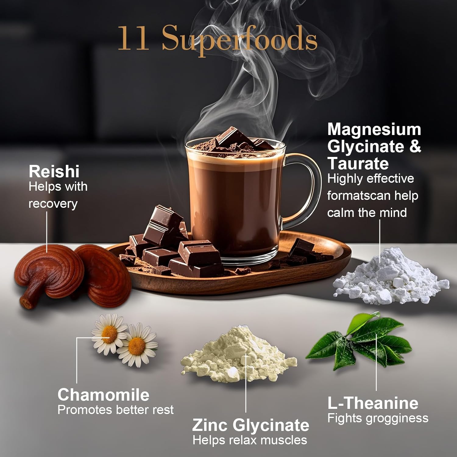 Magnesium Hot Cocoa – Melatonin-Free Natural Sleep Aid Hot Chocolate for Adults with Reishi Mushroom, L-Theanine & Zinc Glycinate – Relaxation & Restful Sleep Support Mushroom Coffee, 30 Servings - Image 2