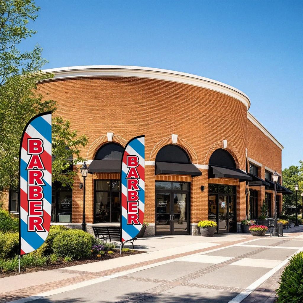 LookOurWay Feather Flag Pole Kit - 12 Feet Tall Advertising Flag Banner with Fiberglass Pole Kit and Ground Spike for Business Promotion - Business Flags - Barber (10M1200307)