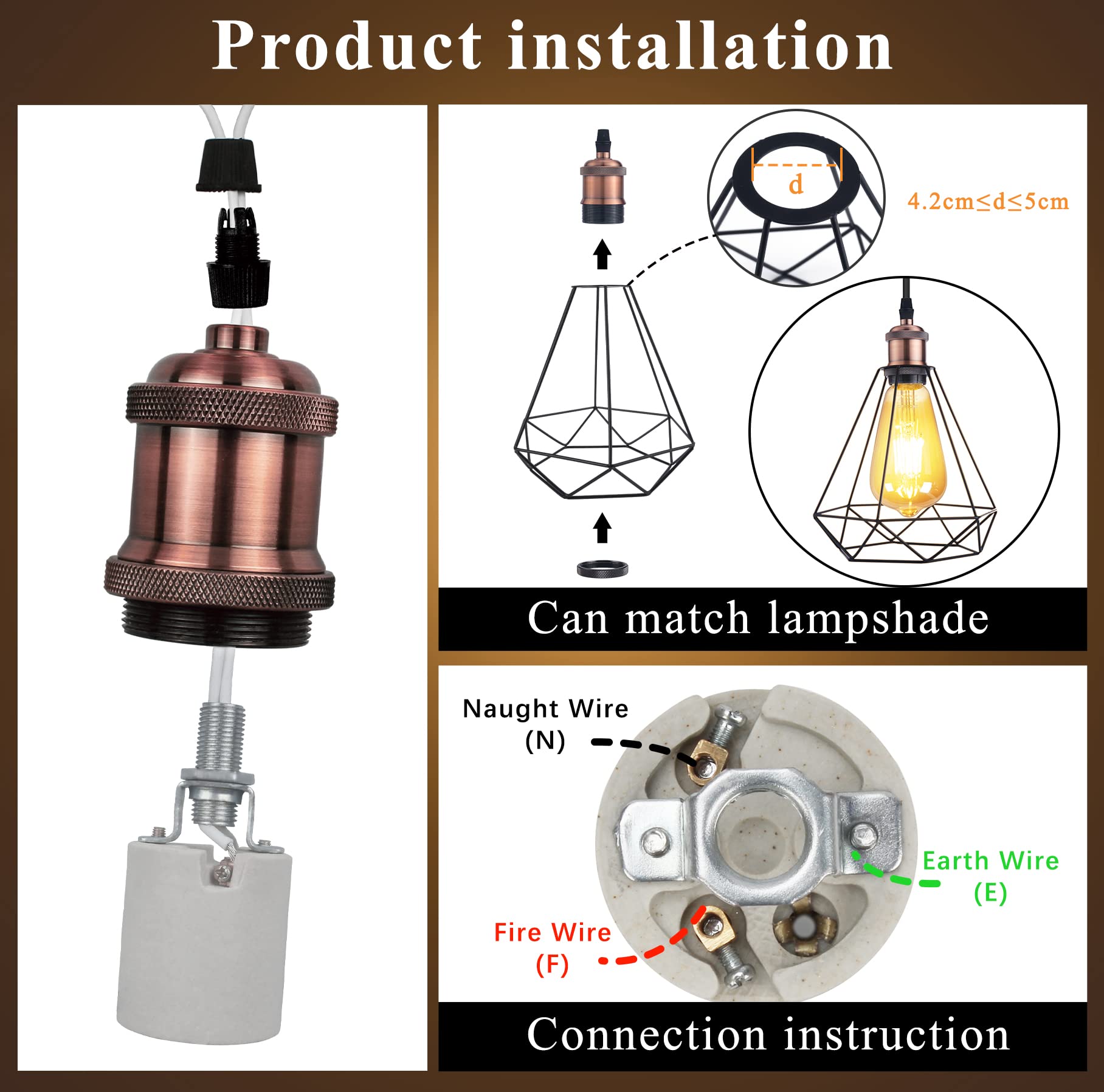 DiCUNO E27 Vintage Portalampada, Edison retro lampada a sospensione, Adattatore in ceramica solida, 6 Pezzi di rame rosso socket