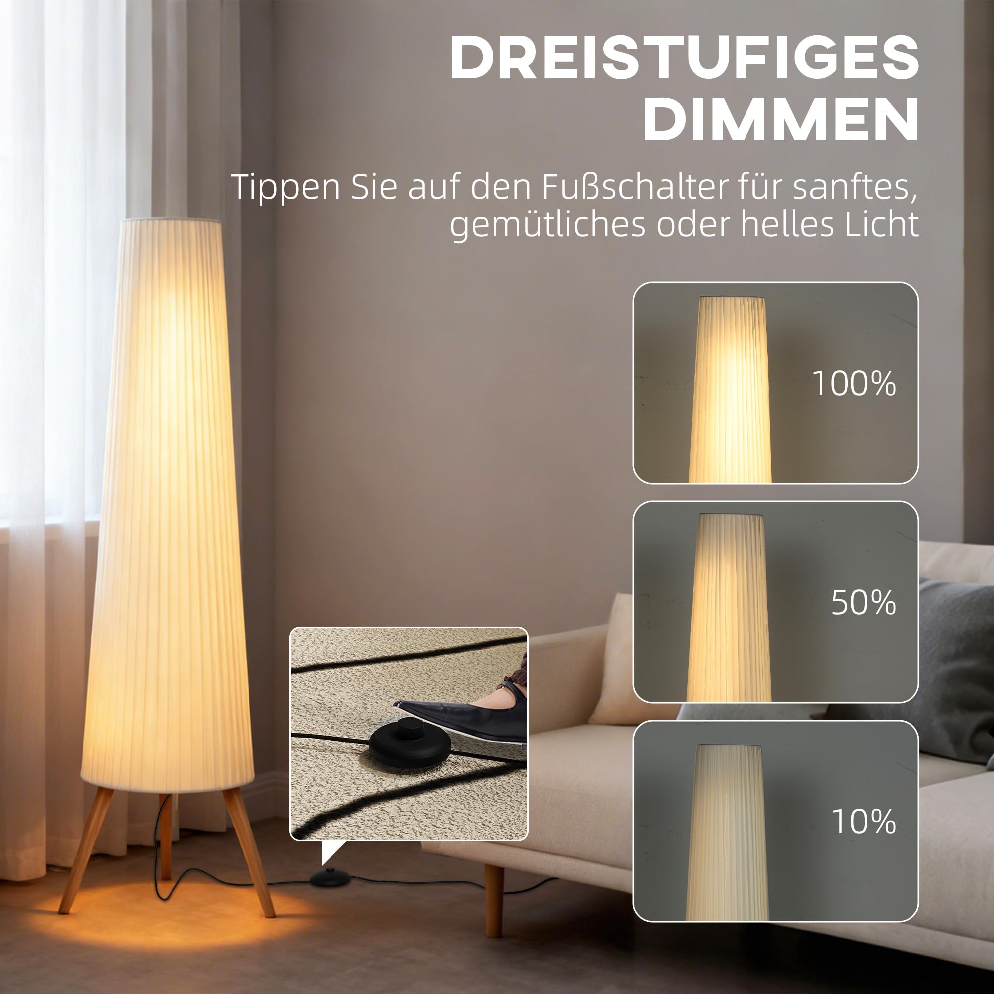 HOMCOM LED Stehlampe Wohnzimmer Dimmbar Holz mit Dreibein, Stehleuchte mit Fußschalter nordische Standleuchte für Wohnzimmer Schlafzimmer Weiß