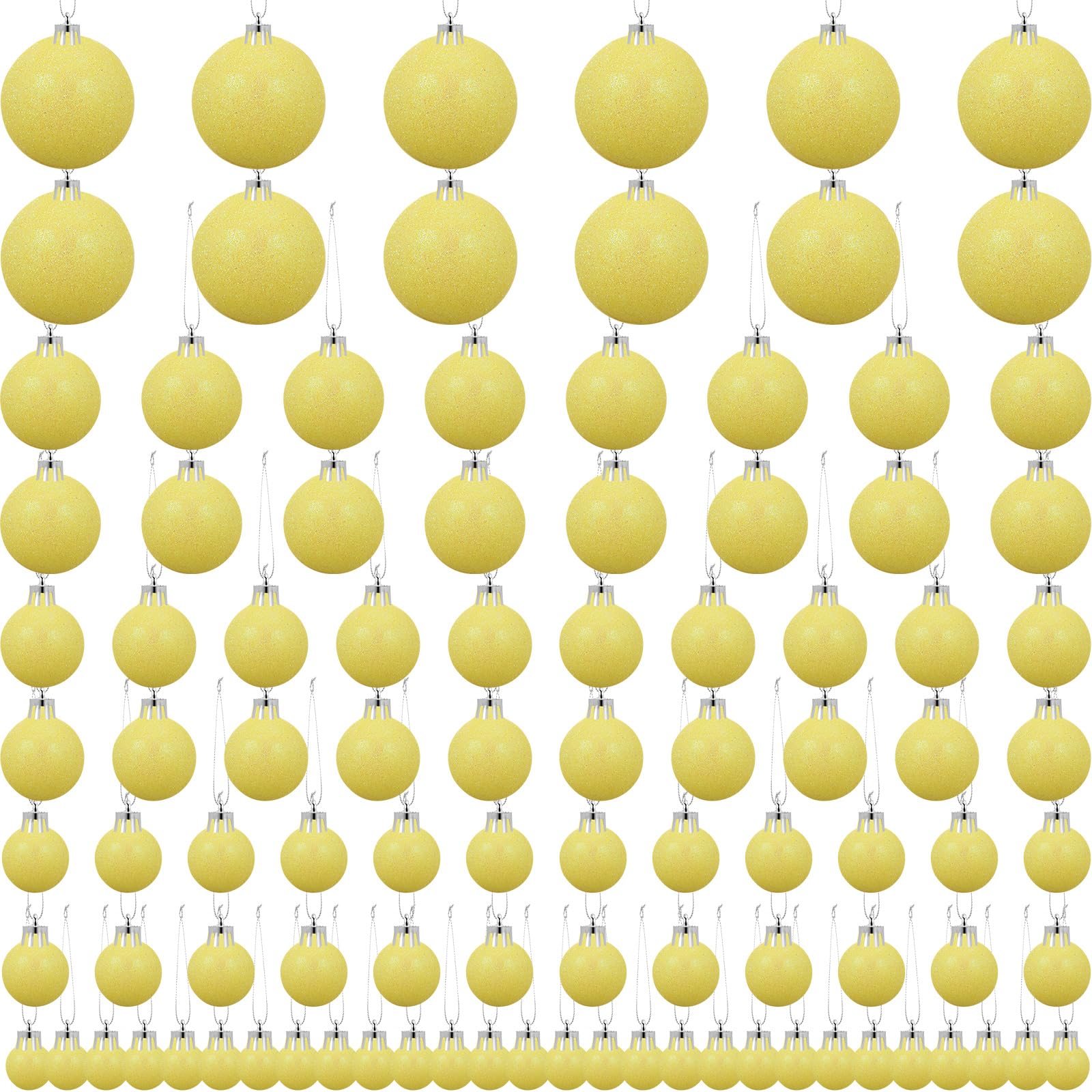 100 adornos de bolas de Navidad amarillas con purpurina de 5 tamaños, inastillables, árbol de Navidad con lazo para colgar y cuerda, bola decorativa de Navidad para decoración de guirnaldas colgantes