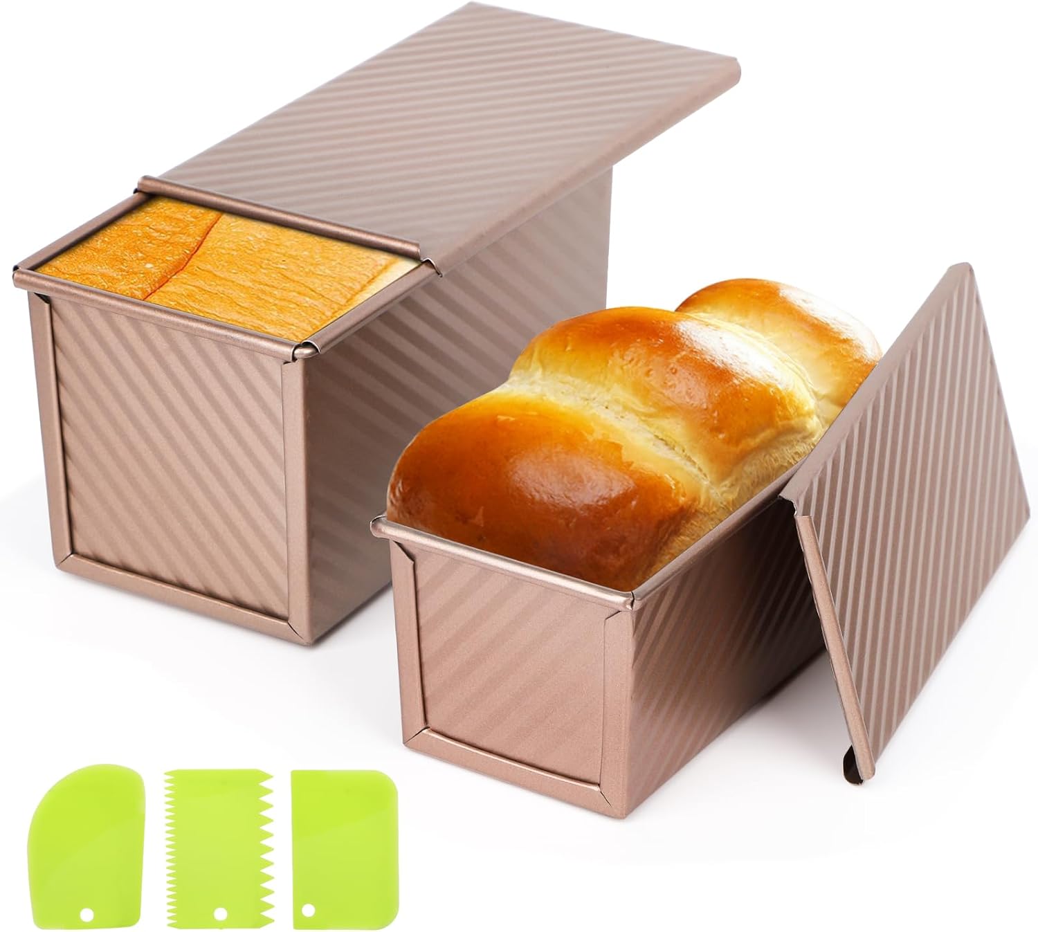 Beasea Pullman Loaf Pan with Lid, 2 Pack 1 lb Non-Stick Black Bread Loaf Pans for Homemade Bread Carbon Steel Toast Box with Cover for Bakeware Toast Oven Baking