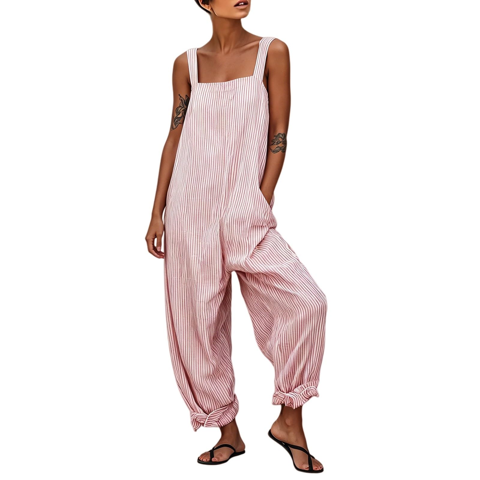 Peto a rayas para mujer HUIFUAO en rosa talla 3XL de pierna ancha con prácticos bolsillos laterales 8