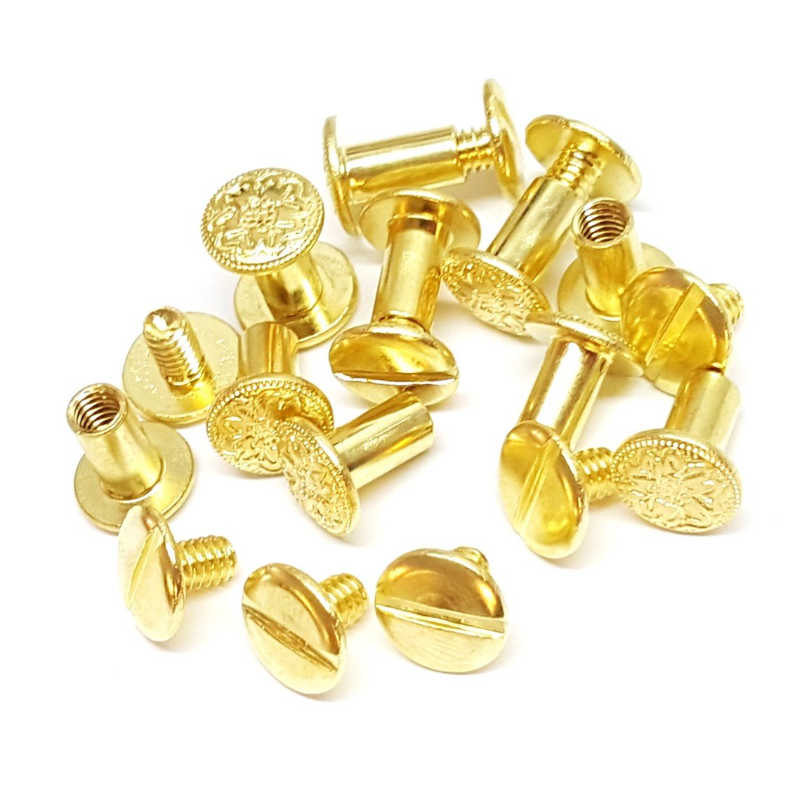 Set of 10, 1/4" Engraved Floral Solid Brass Gold Chicago Screws