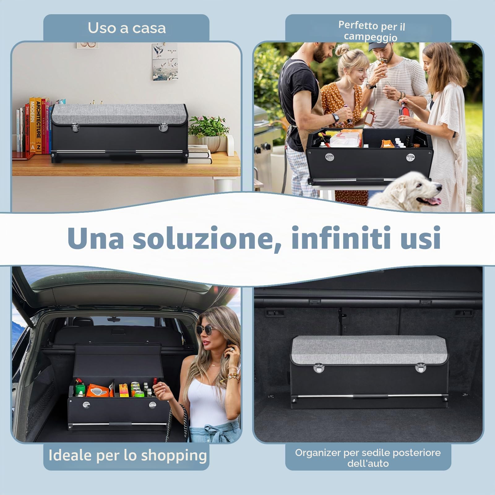 Organizer Bagagliaio Auto, Maniglia Push-pull, Cuoio Pieghevole 2 Scomparti Organizer Auto Bagagliaio, Adatto per Tutti i Tipi di automobile, SUV, Minivan (Grigio)