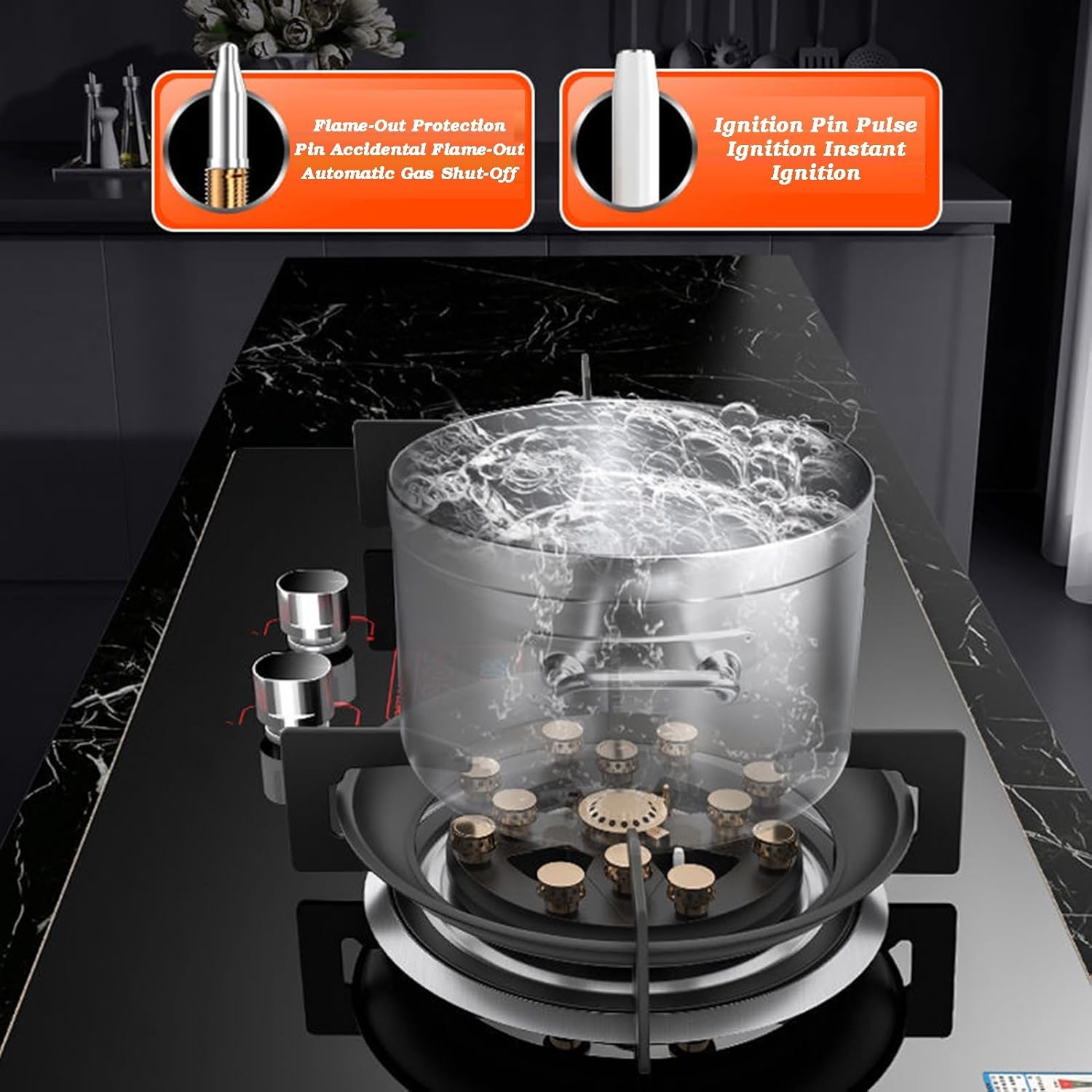 Portable Gas Stoves,7.6kw 13-Cavities High-fire Kitchen,Tempered Glass Freestanding Cooktop,with Flameout Protection and Timer(NG)