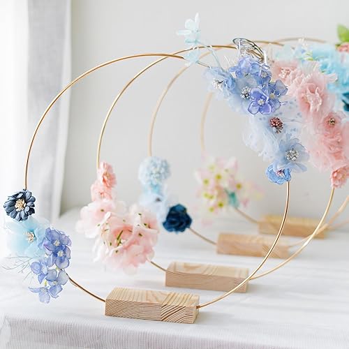 Miniatura 6 de OurWarm 12 centros de mesa de aro floral de 12 pulgadas con soporte para mesa, piezas centrales de metal con base de madera, centros de mesa dorados