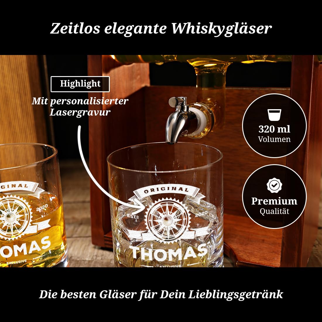 polar-effekt Whisky Barrel Dekanter 1 Liter & Gläser 320 ml mit Gravur - Personalisiertes Männergeschenk - Mit Karaffe, 2 Whiskygläser, Holzständer & Zapfhahn