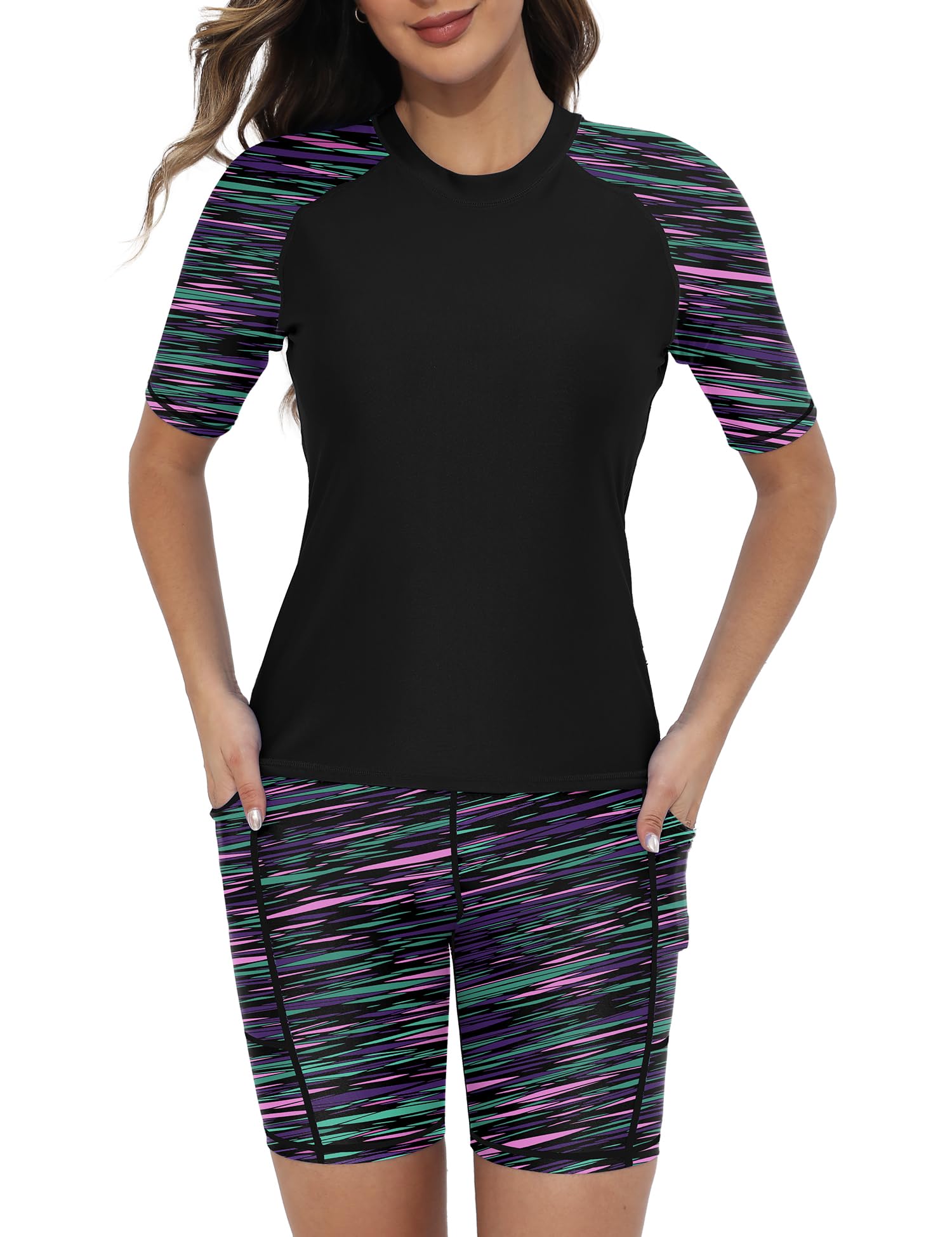 Tournesol Women's Two Piece Rash Guard Short Sleeve UPF 50+ Swim Shirts