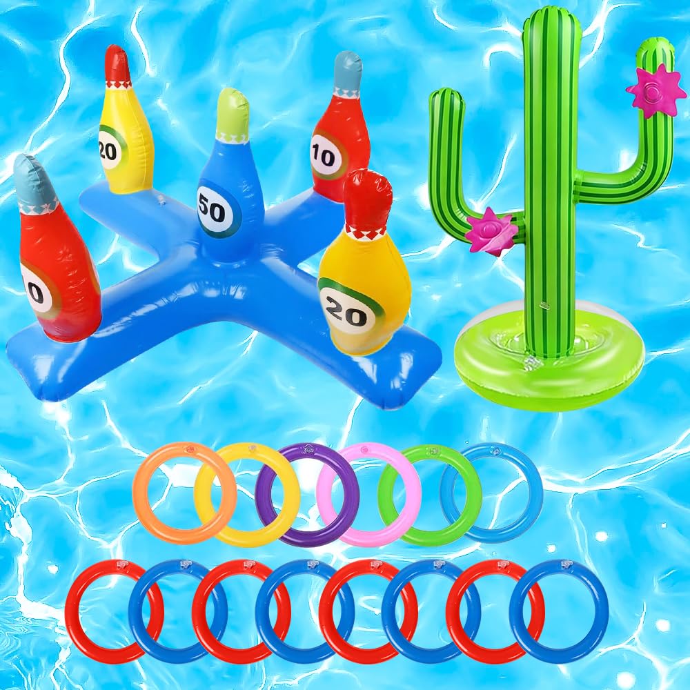 2-in-1 Inflatable Pool Ring Toss Game Toy Set, Inflatable Cactus Ring Toss Game Set with 14 Loops, Bowling and Cactus Floating Swimming Pool Toy for Kids Adults Beach Party Outdoor Garden Games