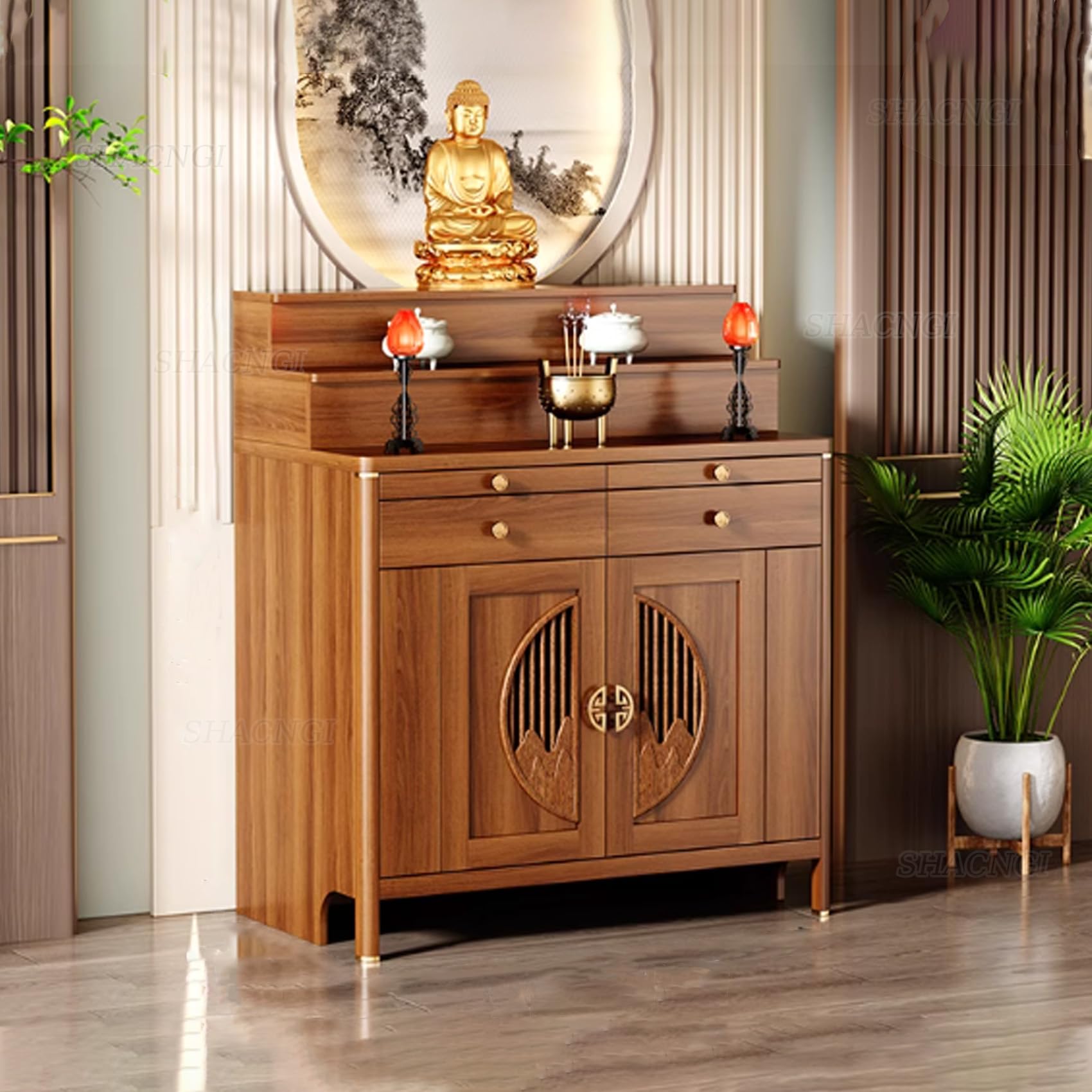 Solid Wood Personal Shrine Altar Table with Large Storage Cabinet, Buddhist Altar Cabinet with Drawer, Meditation Prayer Table (43" X 23.6" X 50")