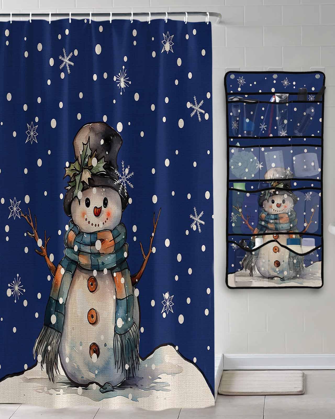 Shower Curtain Mesh Shower Organizer Hanging Set Merry Christmas Snowman Winter Snowflake Waterproof Shower Curtains with 10 Pockets