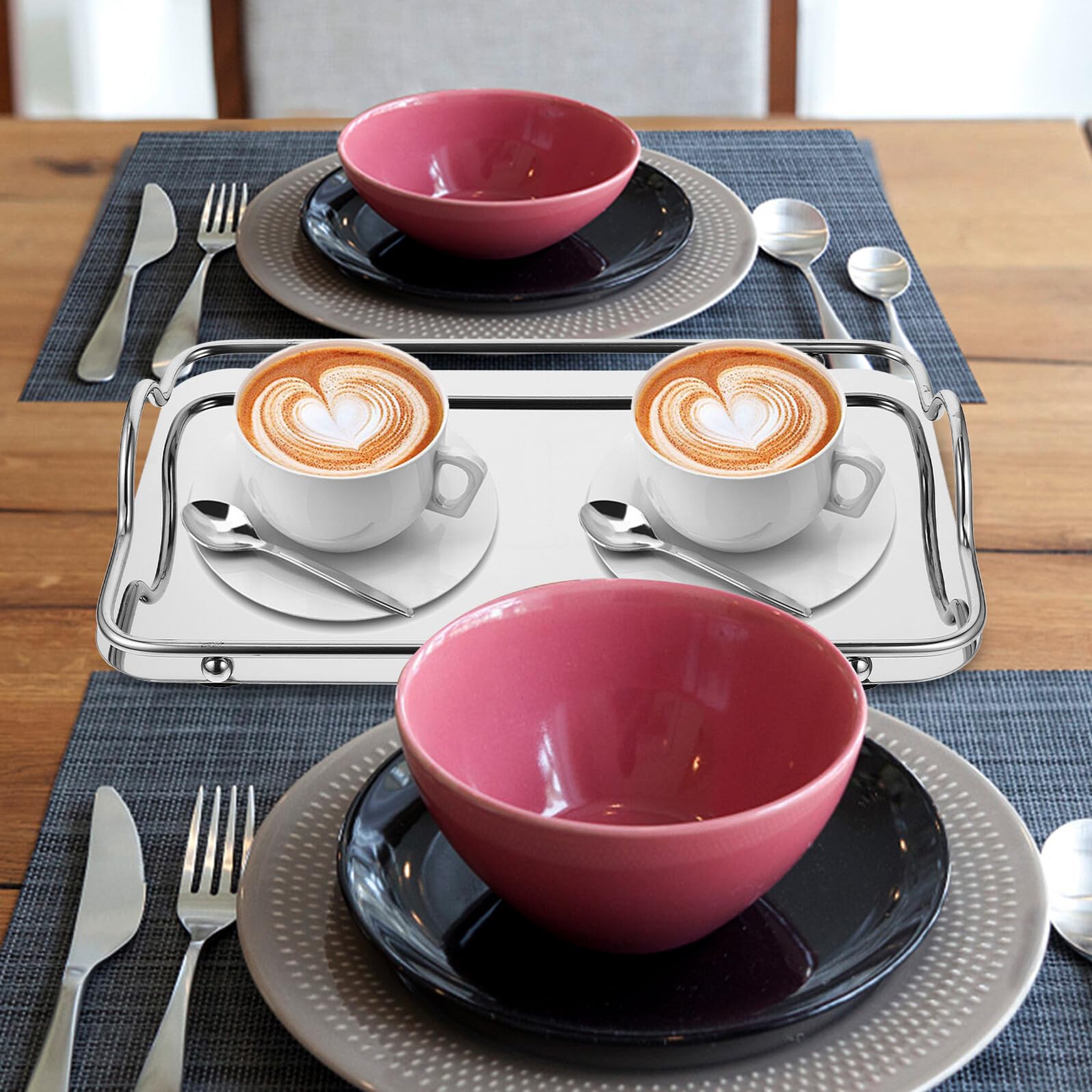 SEWACC Bandeja Rectangular de Acero Inoxidable Pequeña para Servir Asas Dobles Bandeja para Servir Comida y Café Versátil para Fiestas y Uso Doméstico