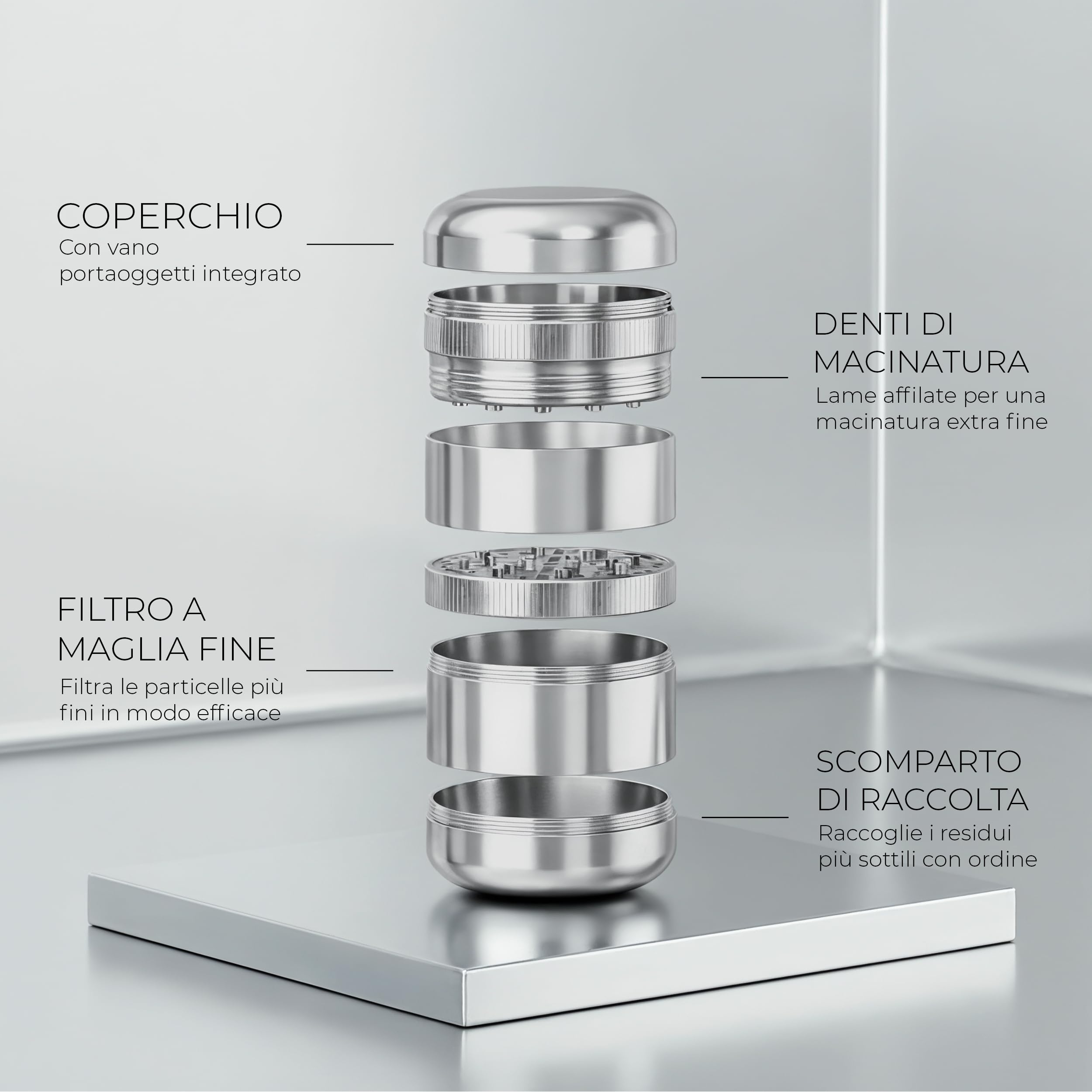 Viberium Grinder Metallo 60 mm- Grinder Belli Tritino, Grinders Kit Original, Accessori per Erbe, Herb Crusher Professionale, Macinino, 4 Pezzi, Argento