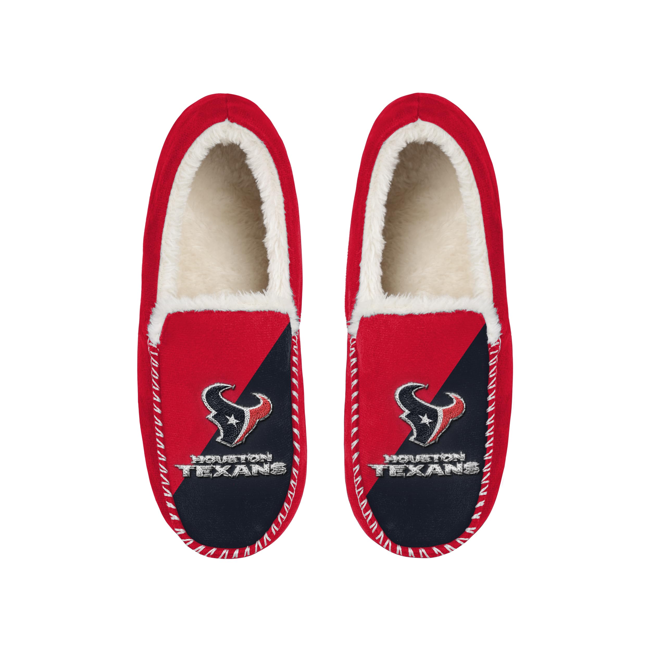 FOCO NFL Unisex-Adult Officially Licensed Color Block Primary Logo Sherpa Lined Moccasin Slippers, Houston Texans, 9-10 Women/7-8 Men