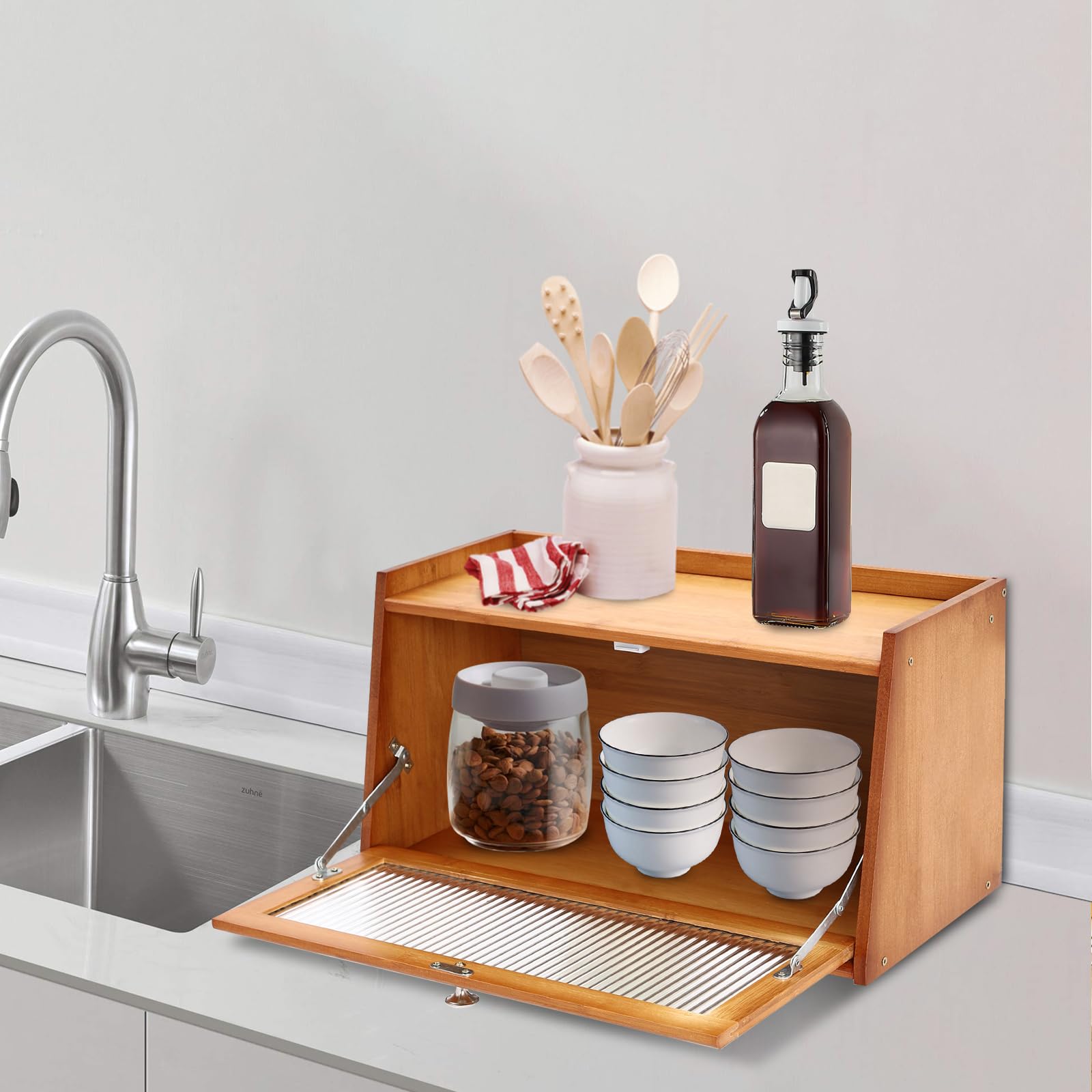 Armadietto in bambù a 2 ripiani con anta – Mini piano di lavoro per cucina, buffet, per pane, dispensa, artigianato, strumenti di cucito, primo soccorso, credenza 50 x 25 x 27 cm
