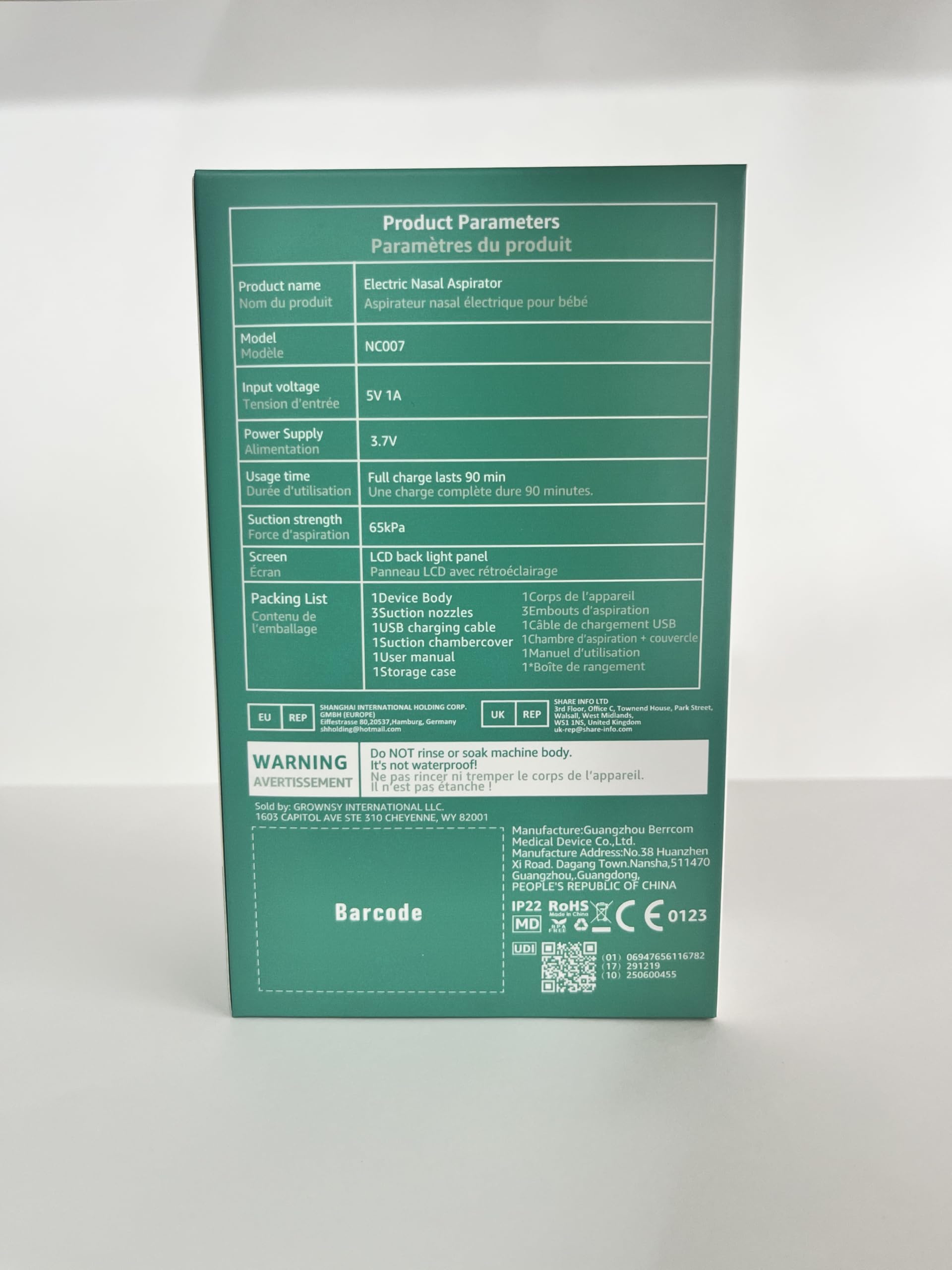 Grownsy Elektryczny aspirator do nosa dla niemowląt, delikatny i bezpieczny | 3 poziomy ssania, system zapobiegający przepływowi zwrotnemu, miękkie silikonowe końcówki, lampka nocna i muzyka