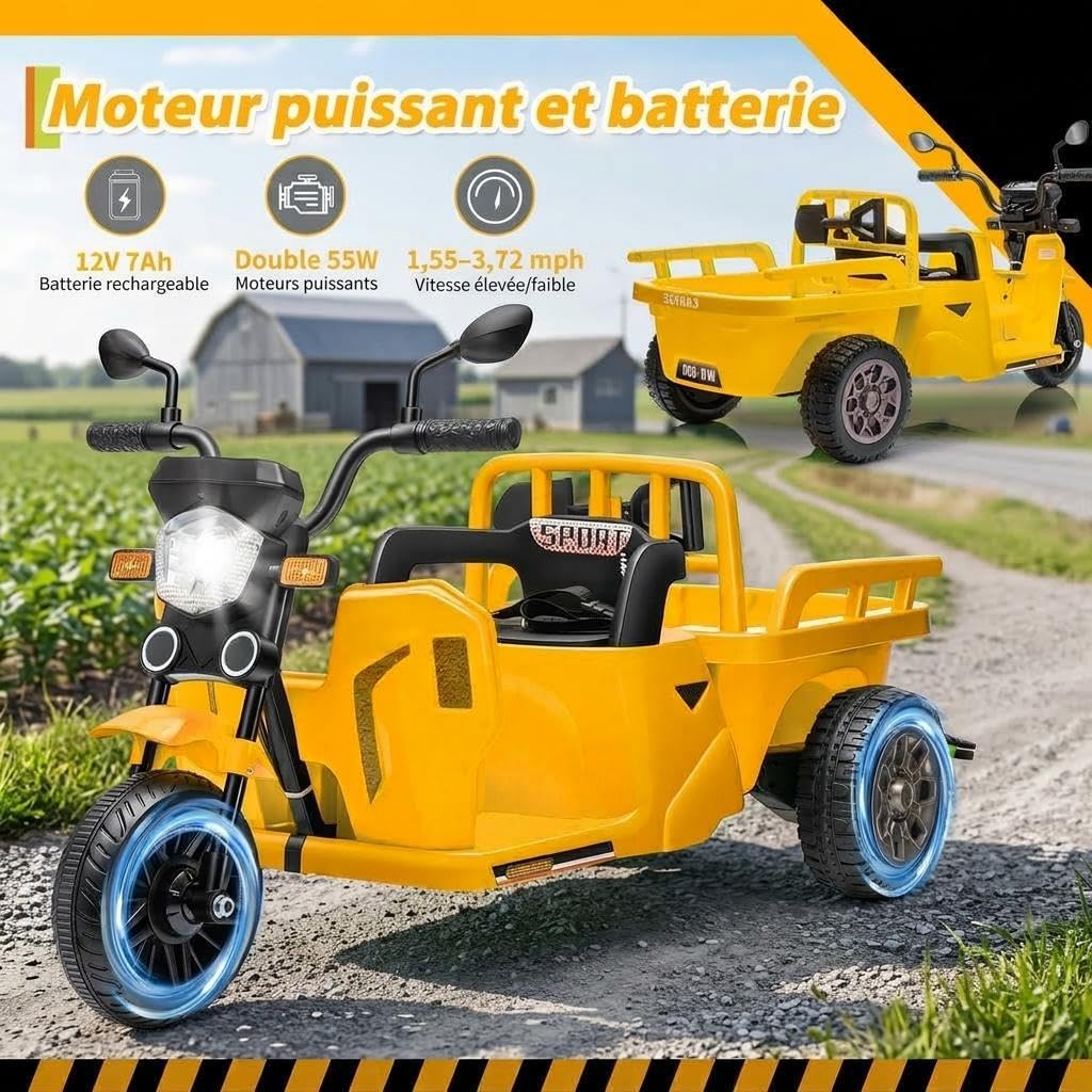 Moto Électrique Enfants avec Remorque et Benne-Pelle, 12V Voiture Électrique Enfants avec Musique et Bluetooth, Tuk-Tuk Électrique Enfant Voyant d'alimentation, LED, USB&AUX, 3+ Ans (Jaune)