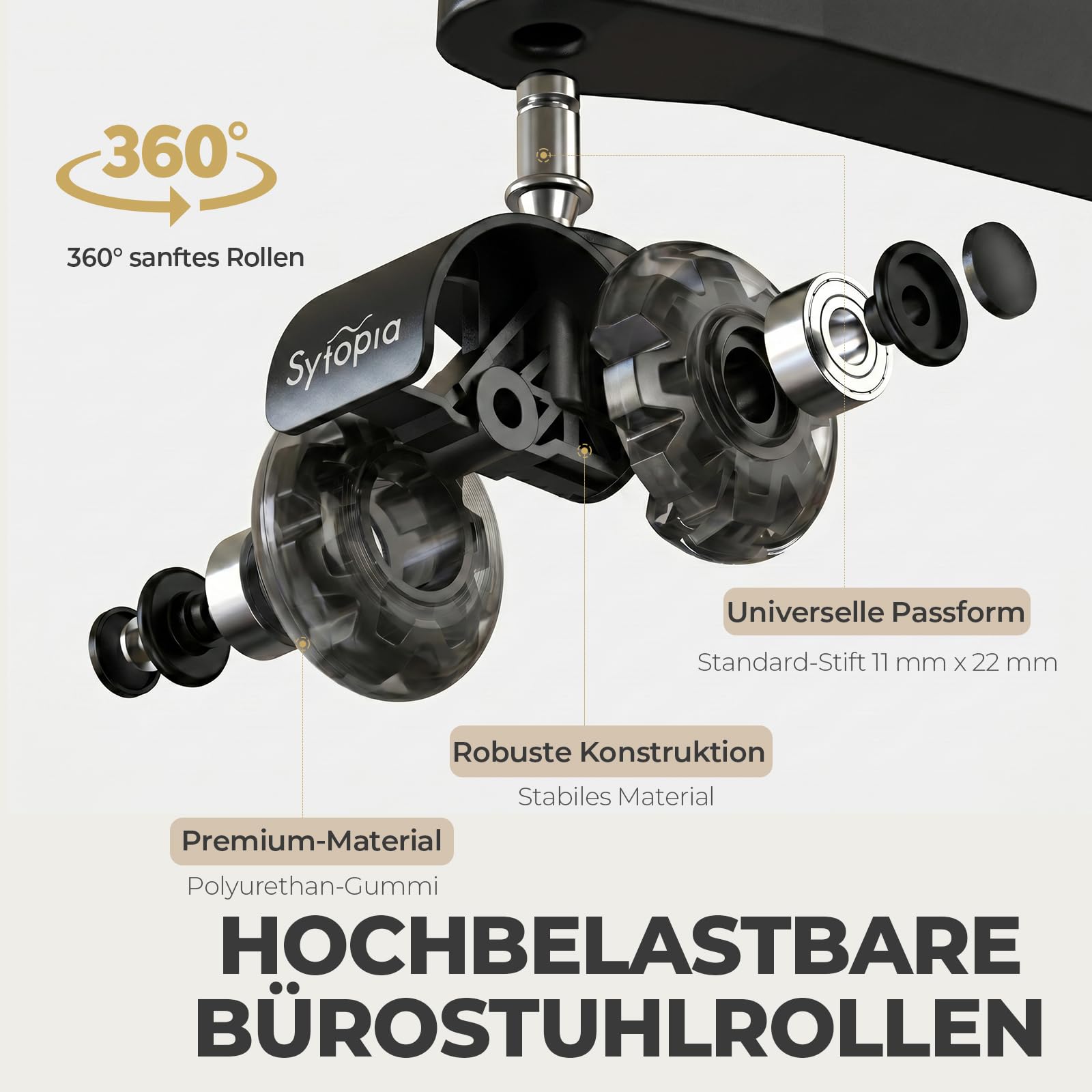 Kółka do krzesła biurowego – Wytrzymałe i ciche kółka obrotowe, idealne dla krzeseł na dywany i twarde podłogi, 11x22 mm, zestaw 5
