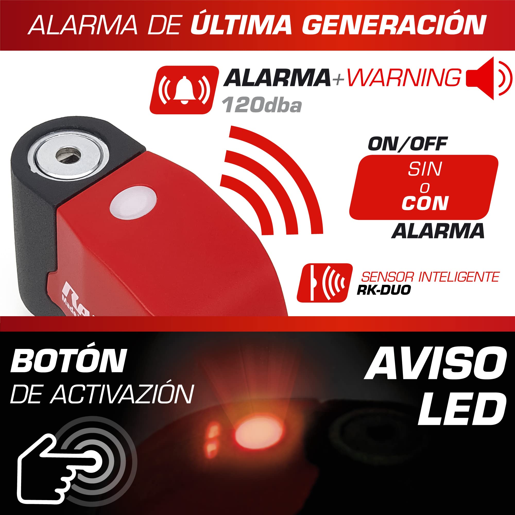 RADIKAL RK6 Candado Moto Disco Alarma 120db, Boton ON, Warning Avisador, Módulo Remplazable Impermeable, Pila CR2 Larga Duración, Antirrobo Pinza Freno Universal para Motos Scooter Bicicleta Patinete