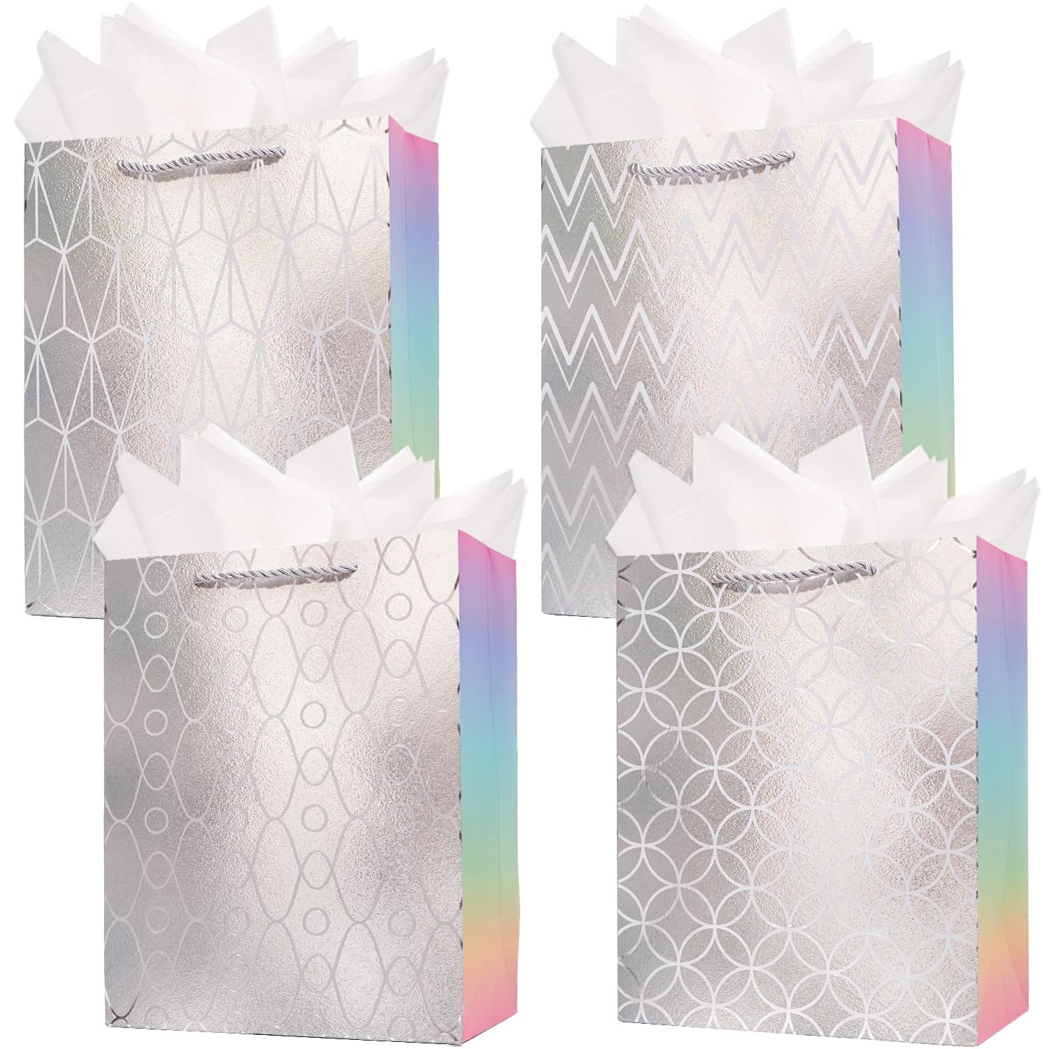 ZJHiome Gift Bag for Presents 4 Pack 9'' Sliver Medium Size Bag with Tissue Paper Marble Pattern Gift Bag with Handle for Christmas Shopping Birthday Wedding Party (Silver)