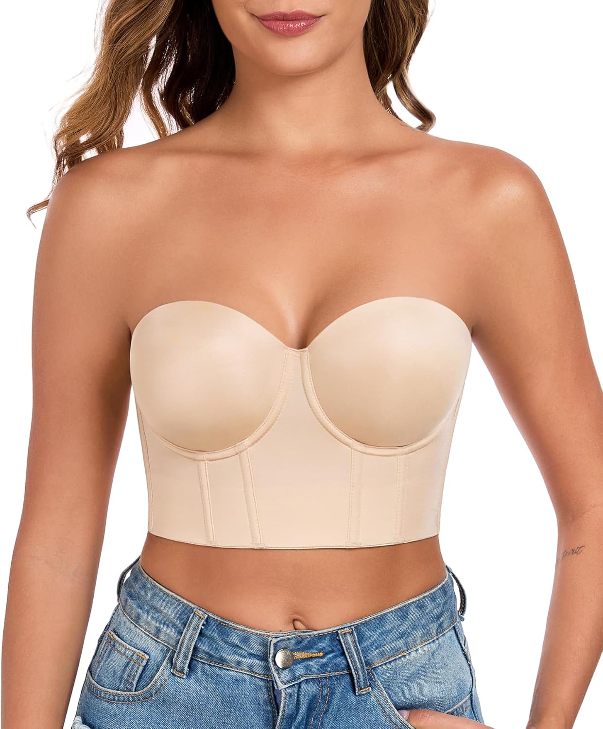Lemorosy Women's Longline Strapless Bra Full Coverage Bustier Anti Slip Underwire Full Figure Plus Size Corset Top - Image 2