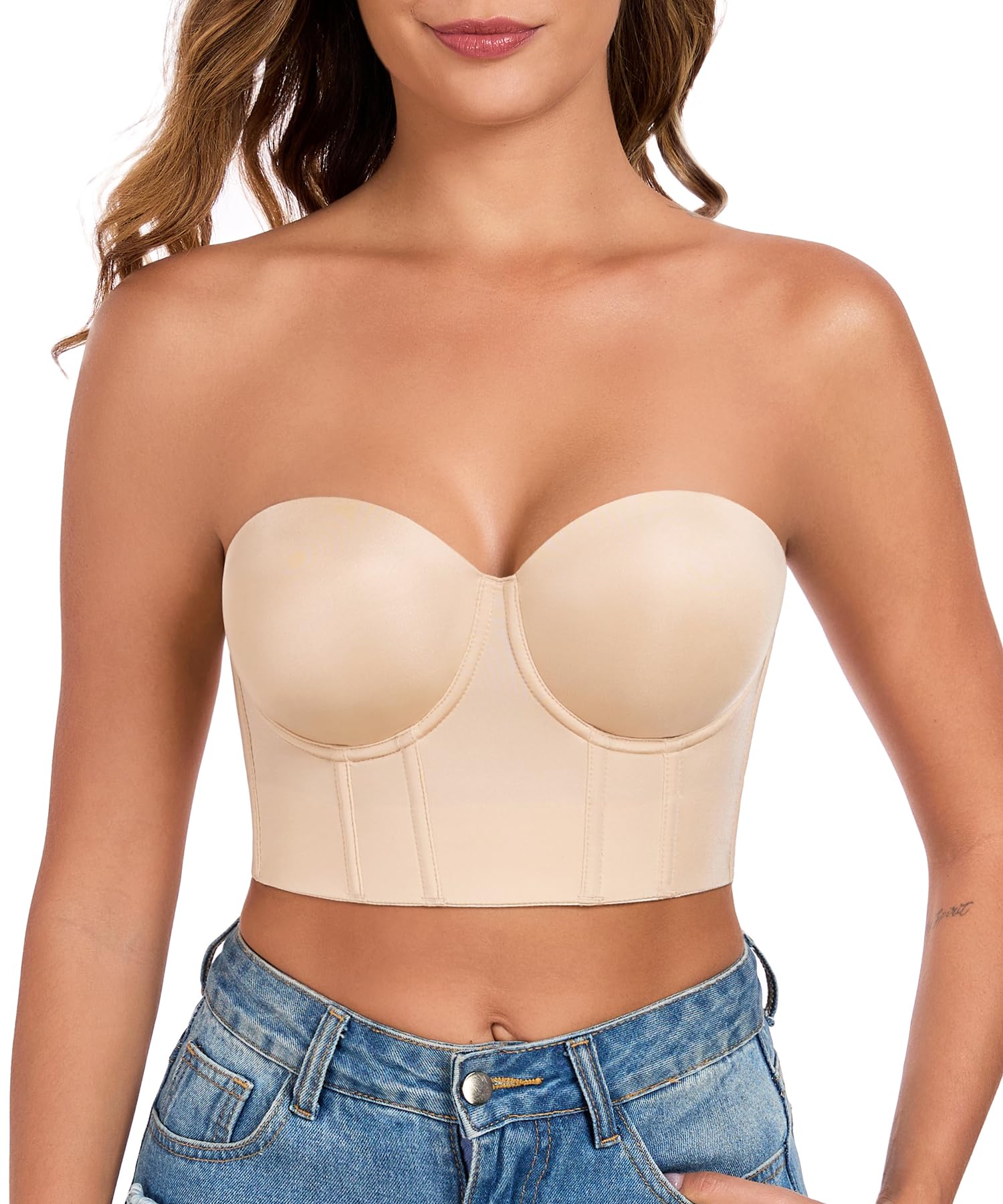 Lemorosy Sujetador largo sin tirantes para mujer, cobertura completa, antideslizante, con aros, figura completa, talla grande | Con aros, suaviza la grasa de la espalda, cobertura completa, figura completa, talla grande, pechos grandes