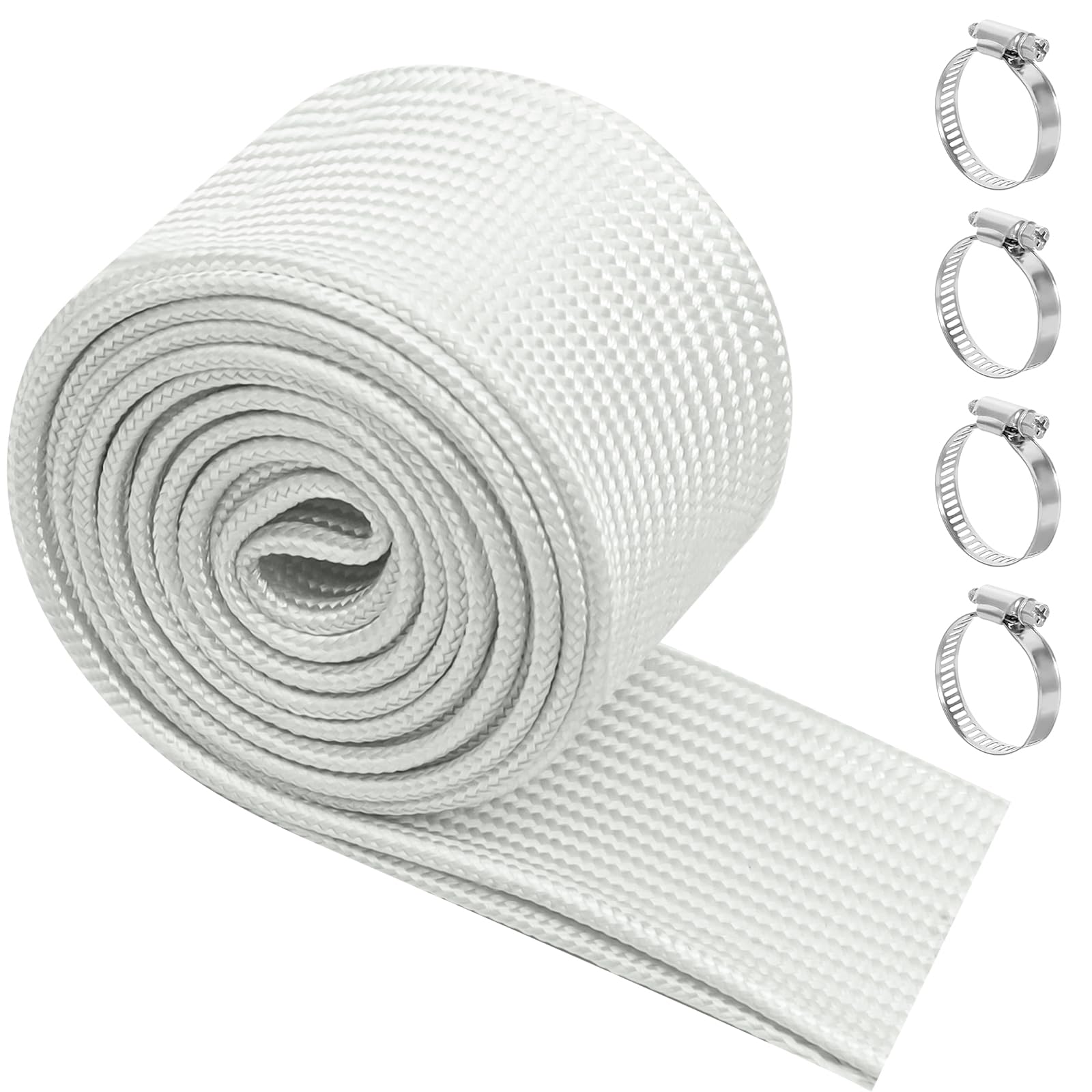 alwaiiz Abgasschlauch für Stromerzeuger 25 mm, 200cm Weiß Isolierung Hitzeschutzschlauch, Fiberglass Sleeving Abgasrohr mit Edelstahl-Schelle für Heizungsrohre und Abgasrohre