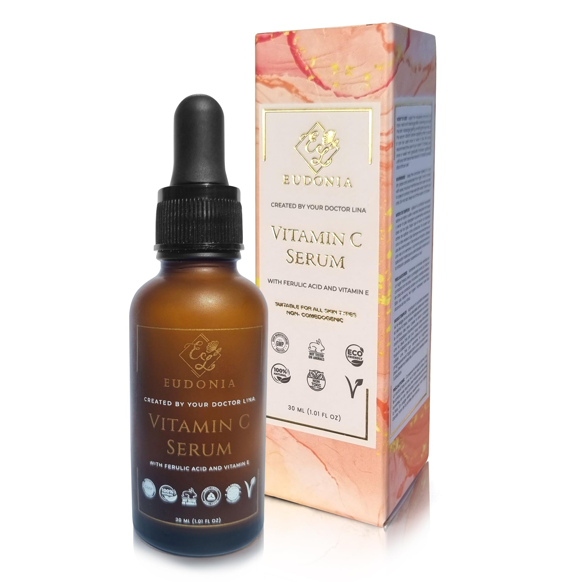 EUDONIA Serum Vitamina C - Con Acido Ferulico y Vitamina E - Favorece Piel Radiante, Hidrata y Protege, Combate la Hiperpigmentación - Sin Parabenos, Sulfatos - Orgánico, Sin Crueldad Animal - 30ml