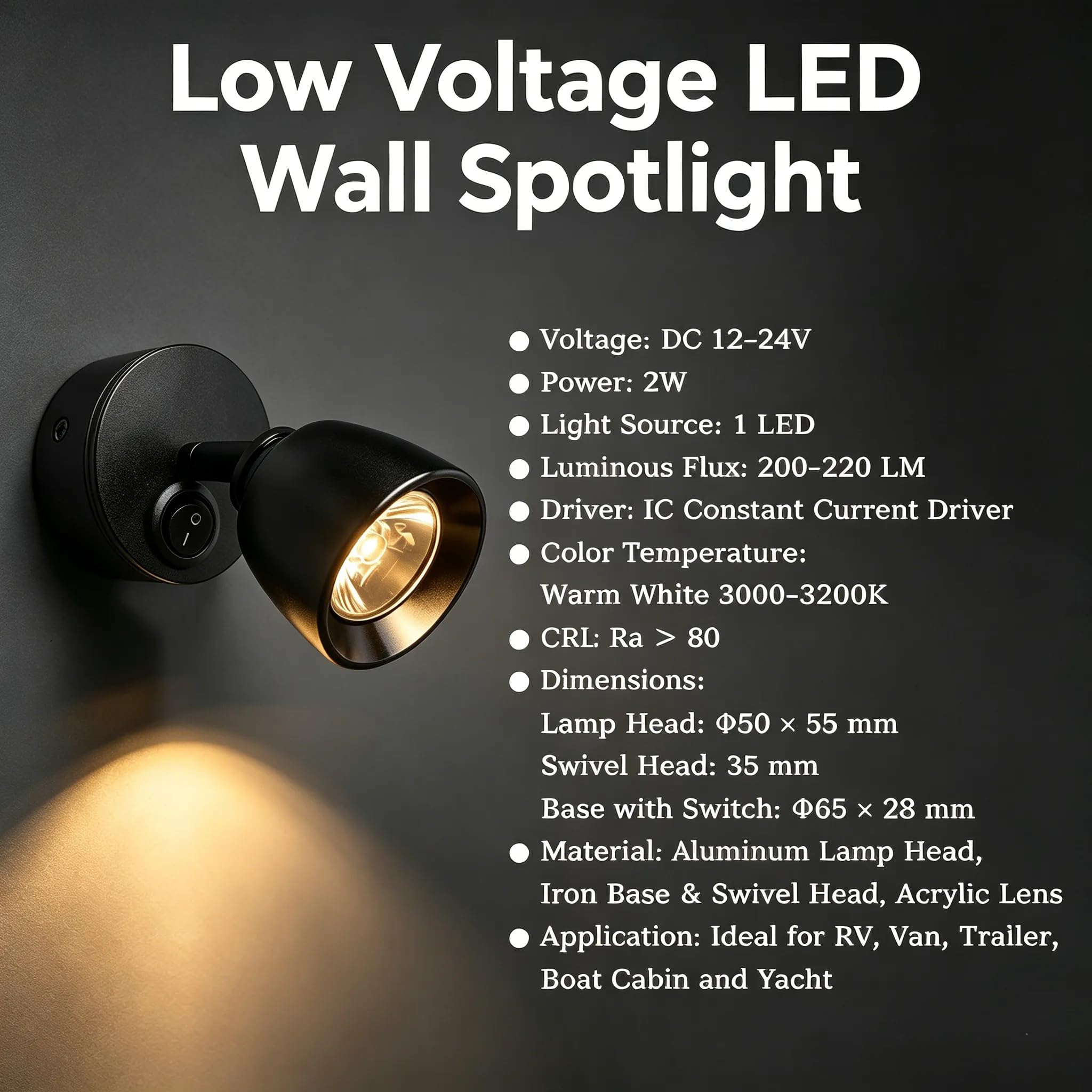 Confezione da 2 lampade da parete a LED da 12 V DC con interruttore, 2 W, 3200 K, luce bianca calda, lampada da lettura per camper, barca, camper, roulotte, illuminazione interna, braccio