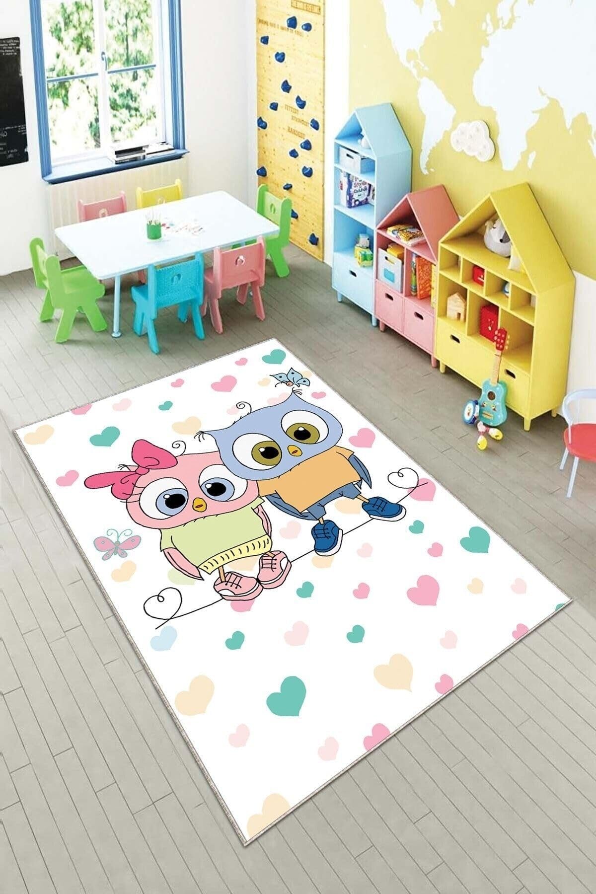 Pelangi Beyaz Kalp Ve Kuş Deseni Yıkanabilir Kaymaz Taban Leke Tutmazbebek Ve Çocuk Odası Halısı, Beyaz-Mavi 120 x 160, 901357098120160