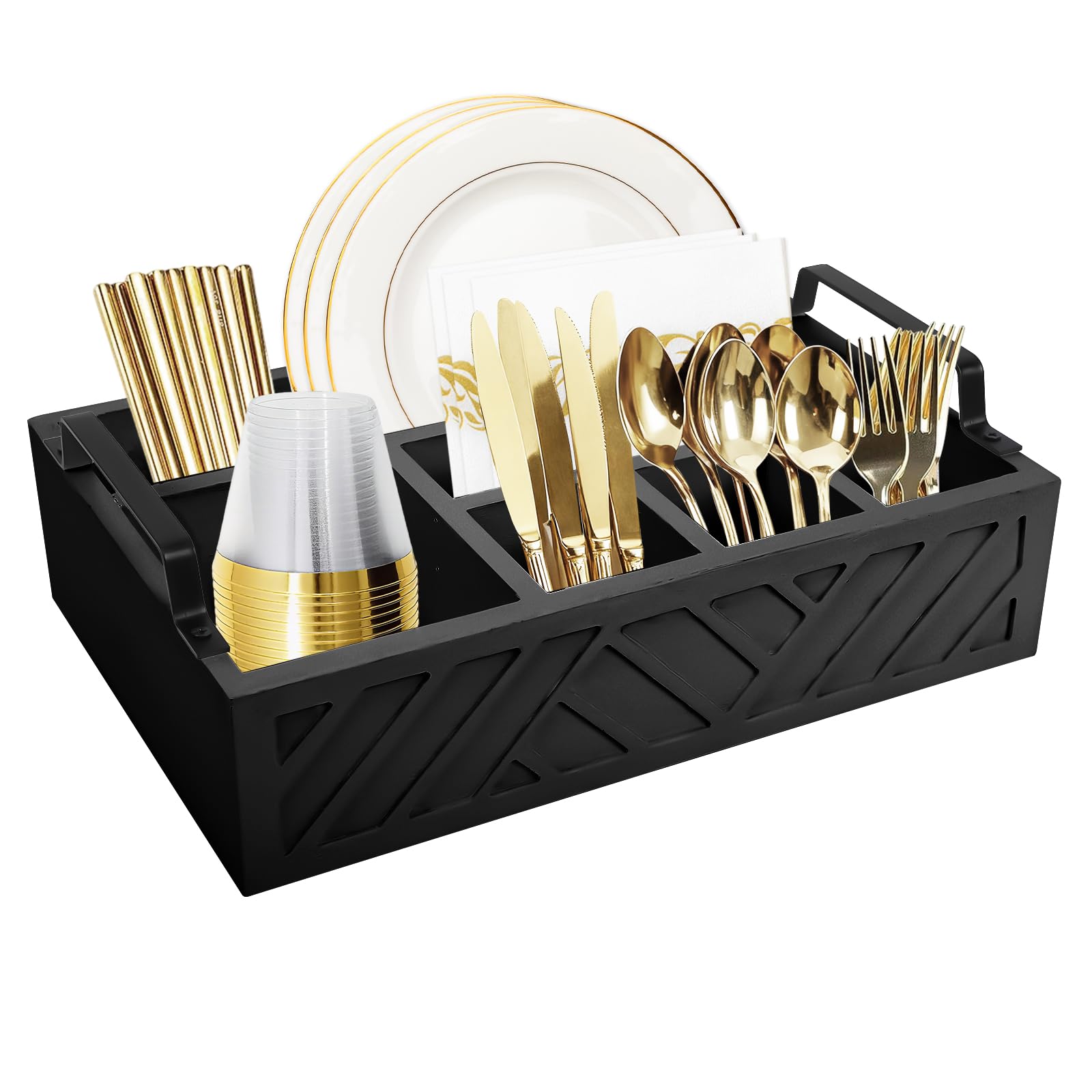 Caddy - Set di 6 scomparti per banconi in legno, 29,7 x 20,1 x 9,5 cm, multifunzione, per piatti di carta, organizer rustico, accessorio per il bar, porta utensili caddy (nero)