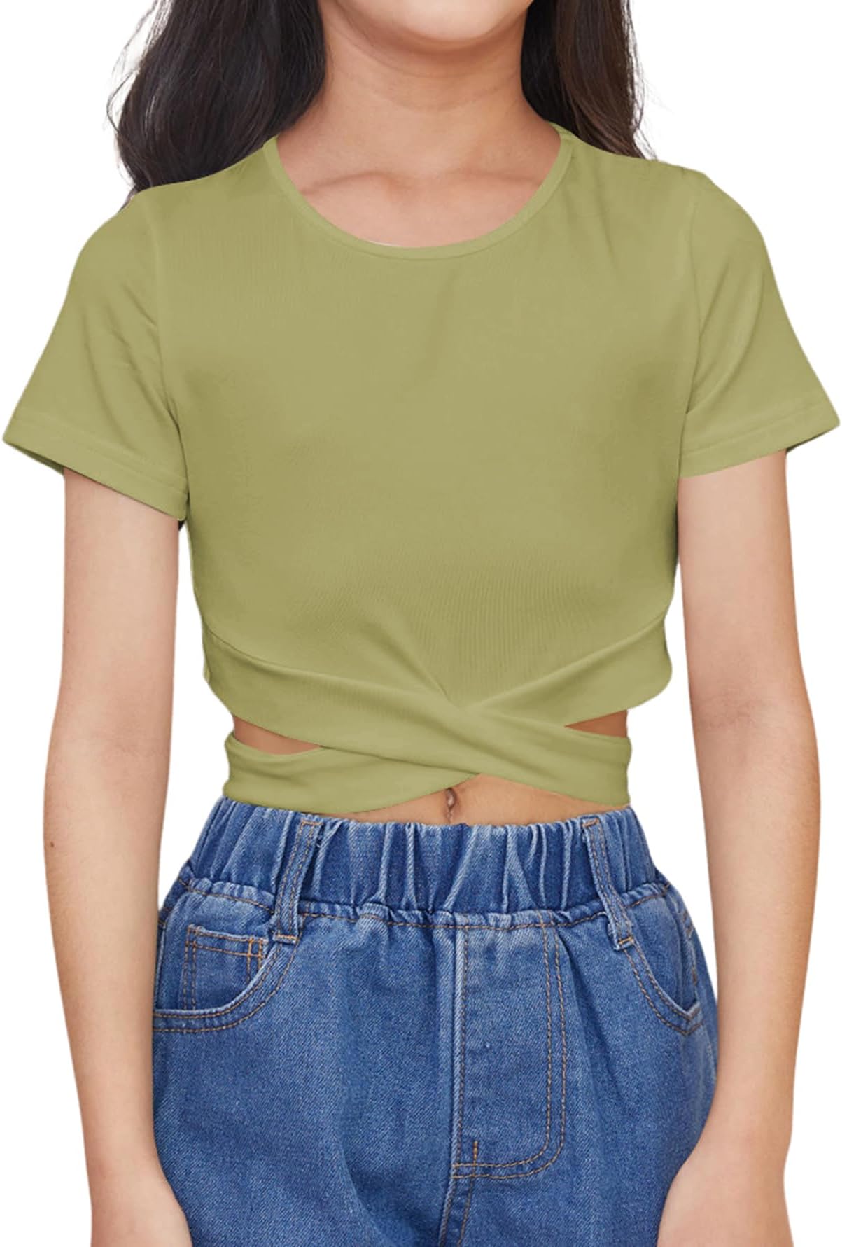 OYOANGLE Girl's Cute Crisscross Short Sleeve Cutout Solid Crop Top Tee T-Shirts