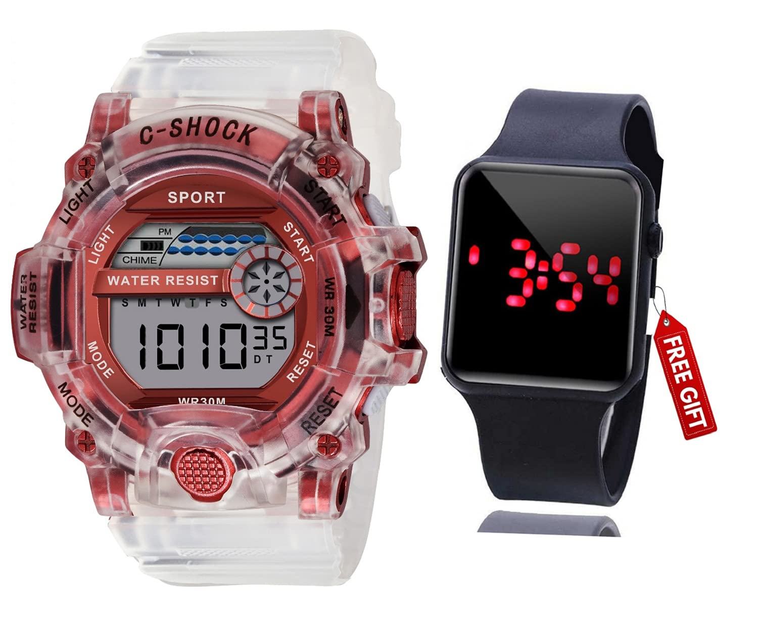 Acnos Polyurethane Premium Brand-A Digital Alram Time Day Second Shockproof Multi-Functional Automatic Red Dial White Strap Waterproof Digital Sports Watch For Mens Kids Watch For Boys Pack Of 2 (B096G6JYV3) Amazon Price History, Amazon Price Tracker
