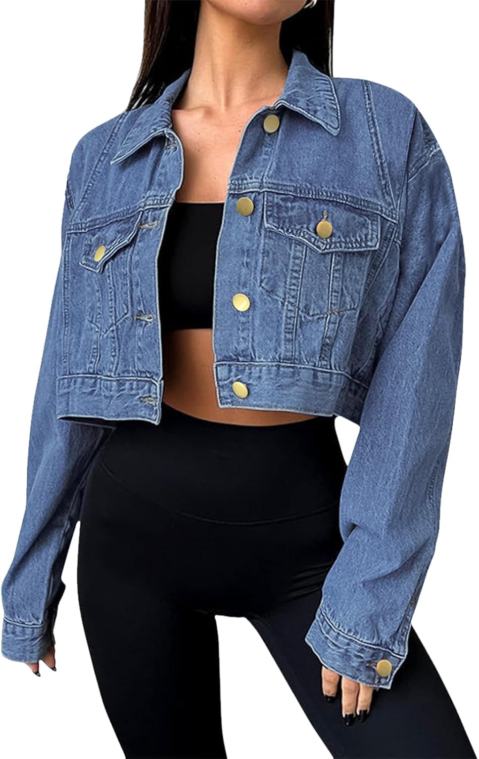 GarRela Women's Cropped Denim Jean Jacket Button Down Frayed Washed Long Sleeve Casual Jacket Coats