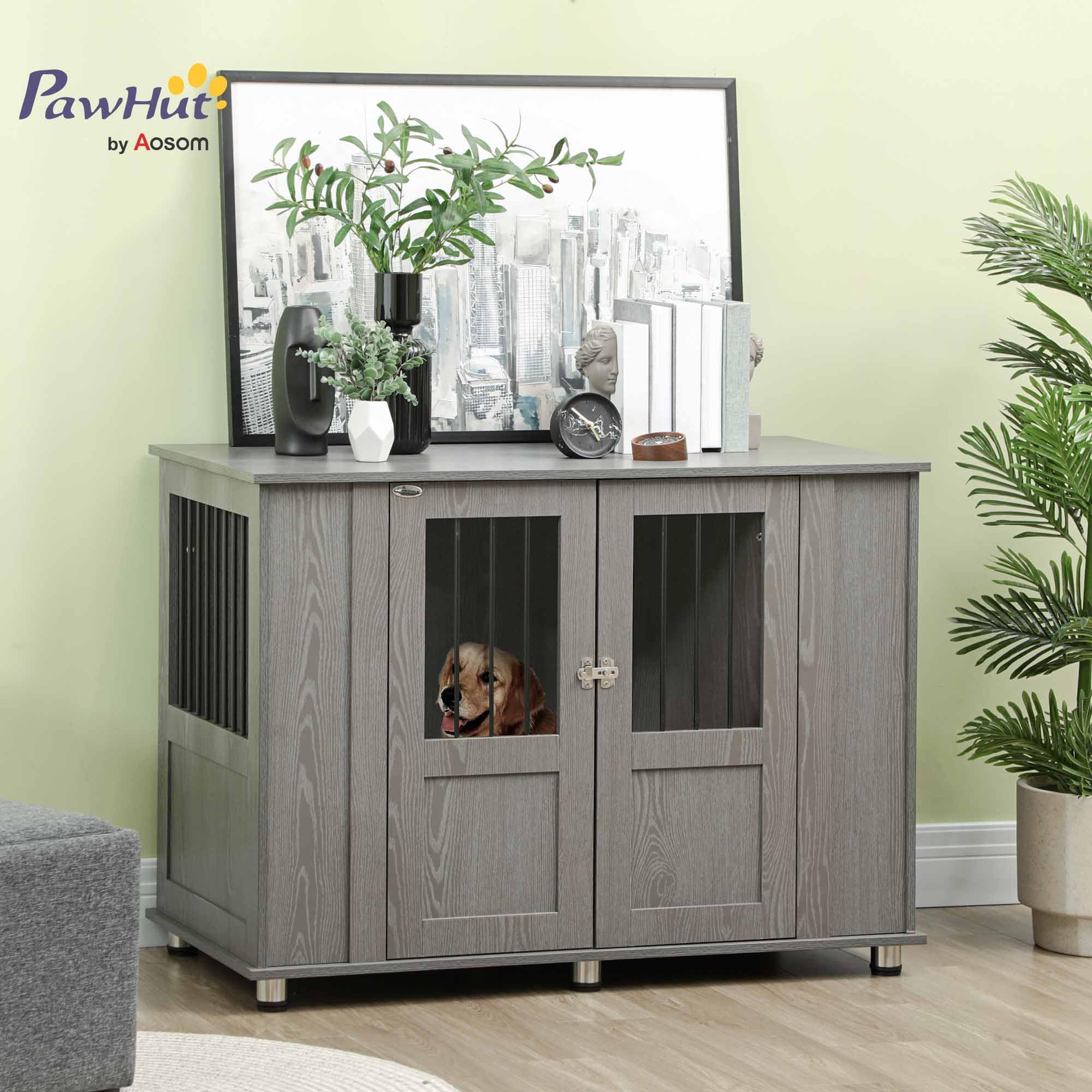 PawHut Jaula para Perros Grandes Desmontable 2 en 1 Mesa Auxiliar con 2 Puertas con Pestillo 4 Ventanas y Patas Ajustables 114x60x82 cm Gris
