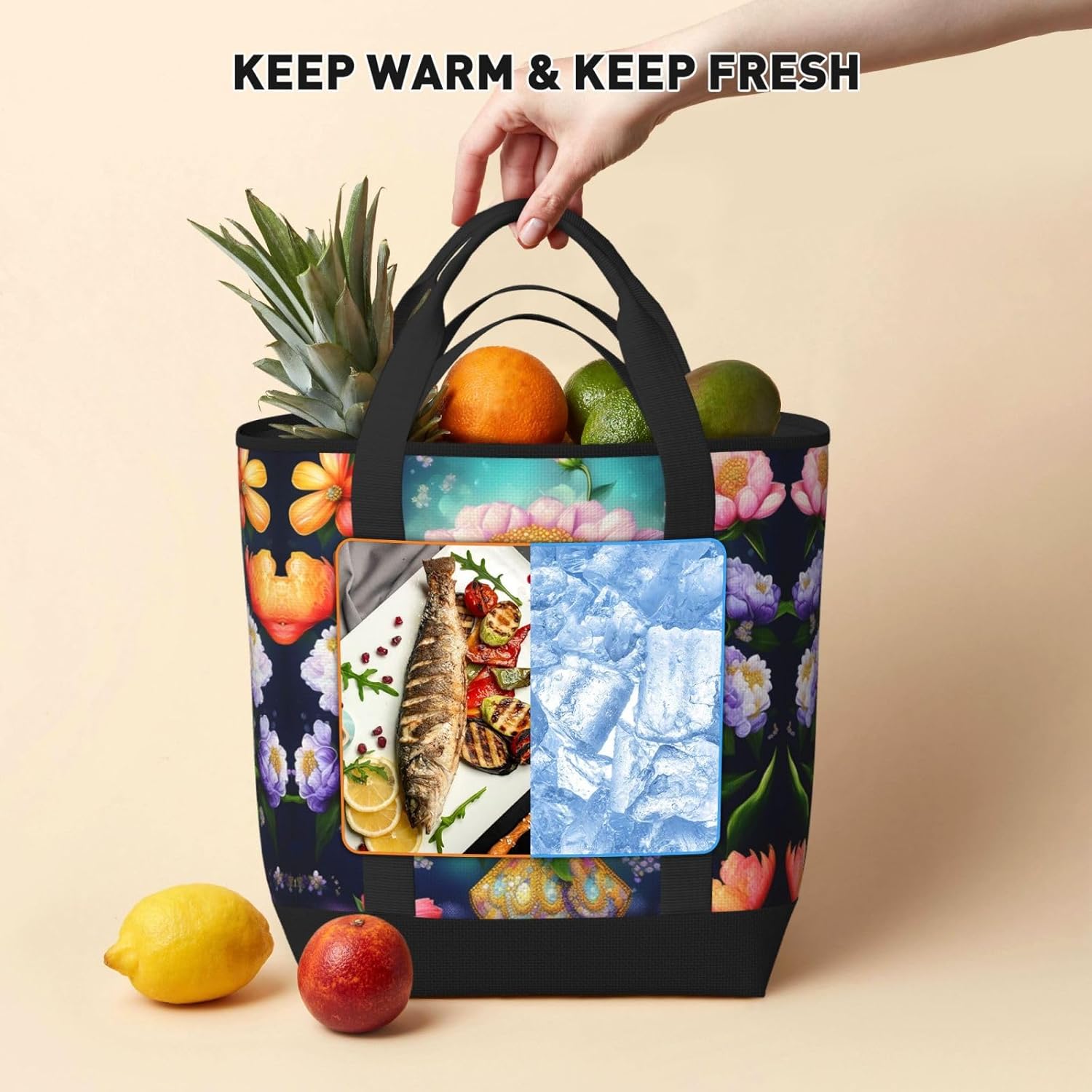 Flower Diamond Painting Print Large Cooler Bag Tote Bag,Reusable Grocery Bag,Lunch Box Bag, For Picnic Beach Camping