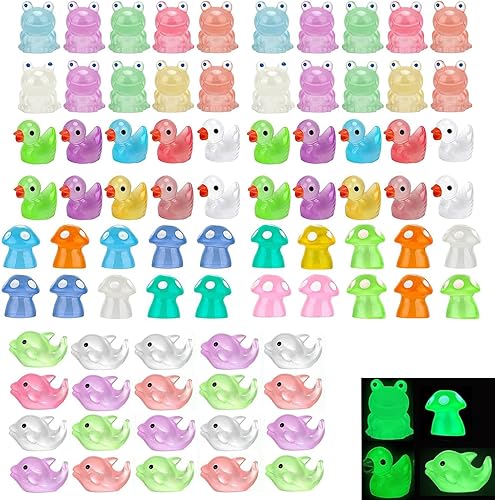 Juego de 80 mini animales y plantas de resina luminosa, incluyendo rana, hongo, patos, delfín, decoración en miniatura, figura brillante, figura de