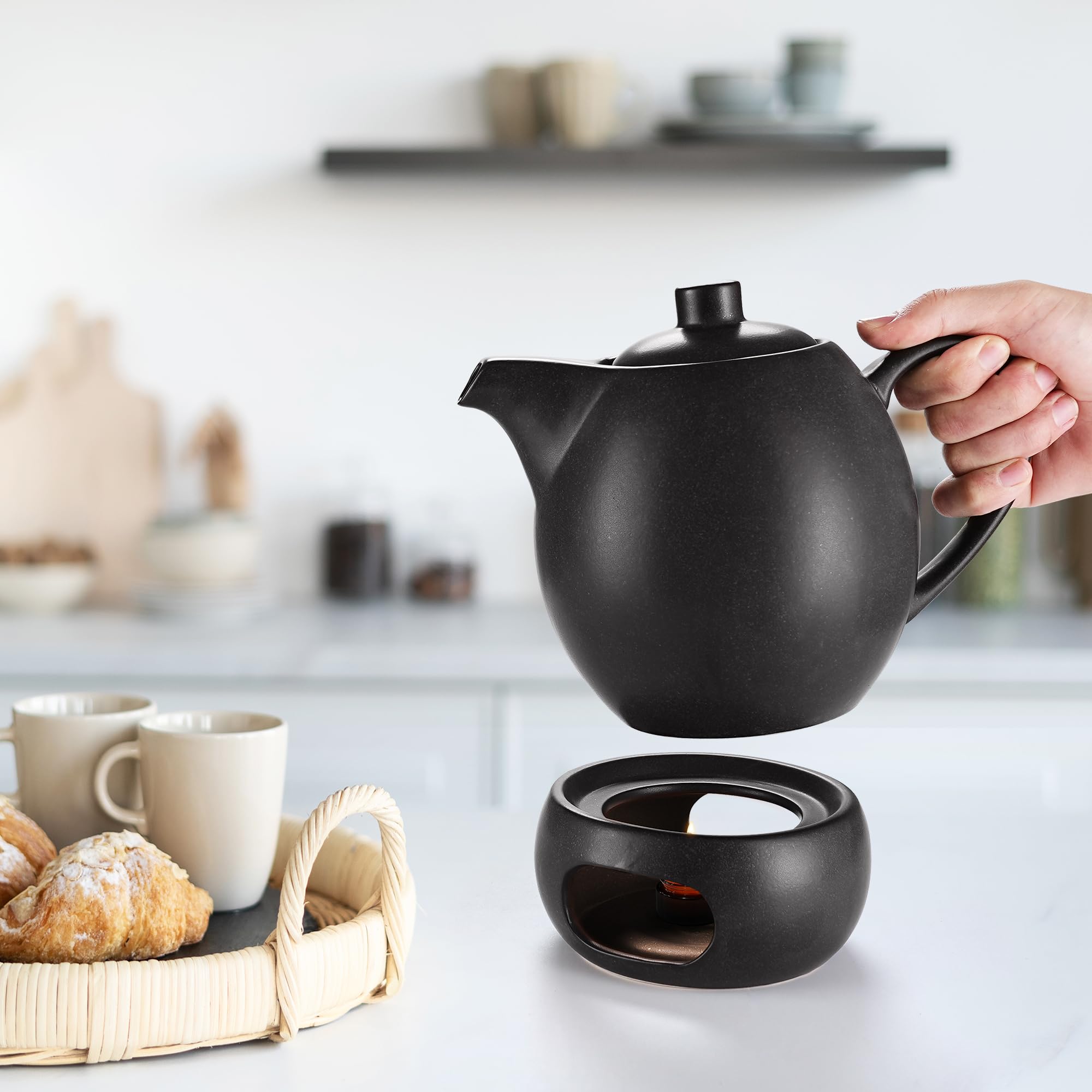 Happy Lemuro Theepot met zeef keramiek - 1,2 l - keramische theepot zwart ( antraciet) - theepot - thee-accessoires - aardewerk theemaker voor losse thee