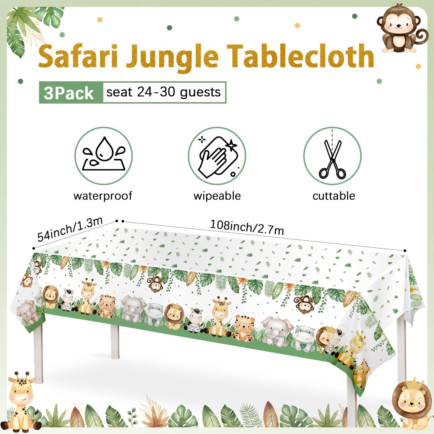 3Pieces Jungle Safari Tablecloths Animal Print Table Cover