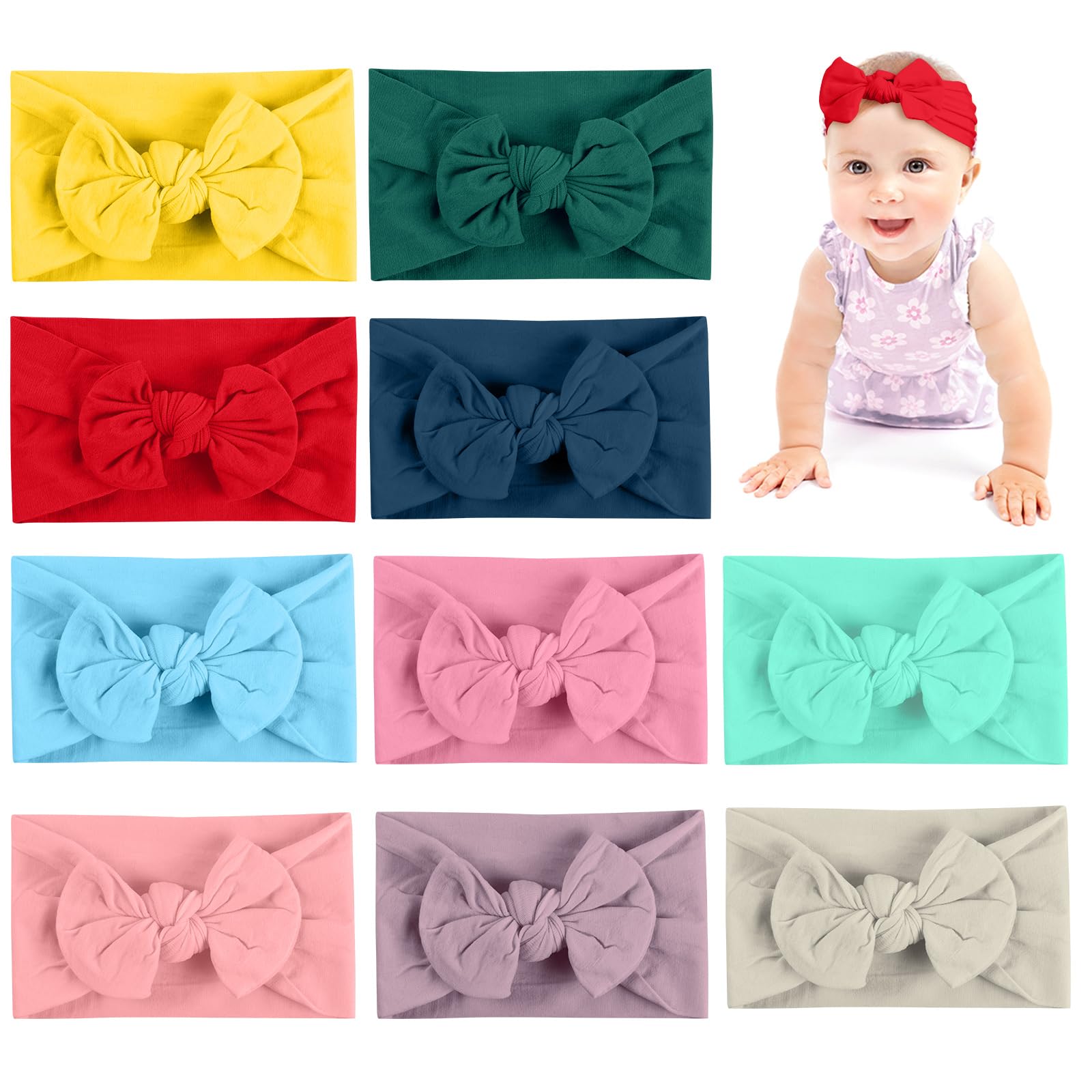 Aolso Baby Stirnband,10 Stück Baby Mädchen Nylon Stirnbänder mit Bögen, Kleinkinder Haarbänder Turban Stirnbänder, Baby Haarband für Kinder Haarschmuck, Haarschmuck für Kinder mit Schleife