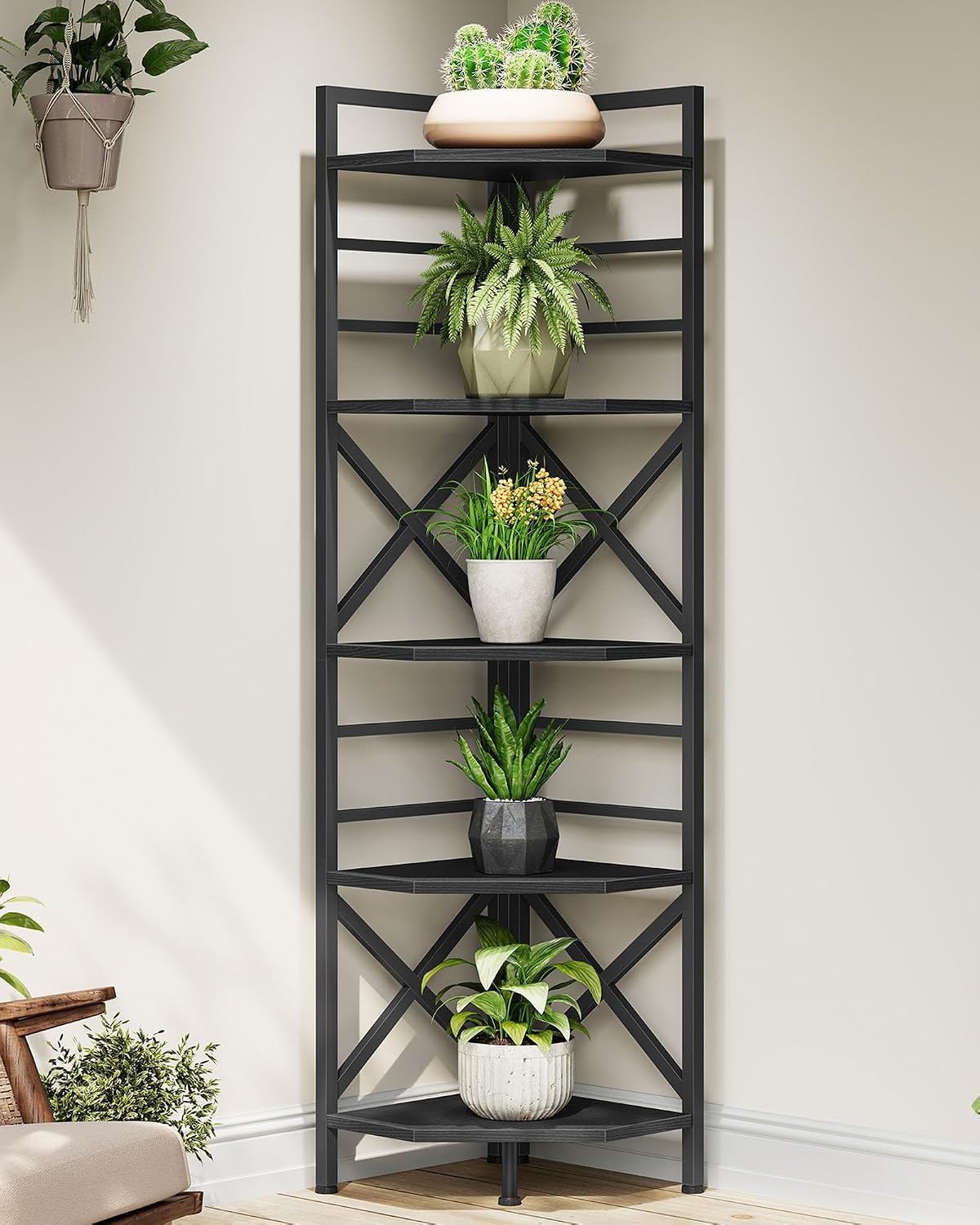 CHOEZON 69.3" Tall Corner Shelf, 5-Tier Large Corner Bookshelf, Tall Corner Bookcase for Bedroom, Living Room, Kitchen, Industrial Engineered Wood Bookshelf, Black TCJ15BB