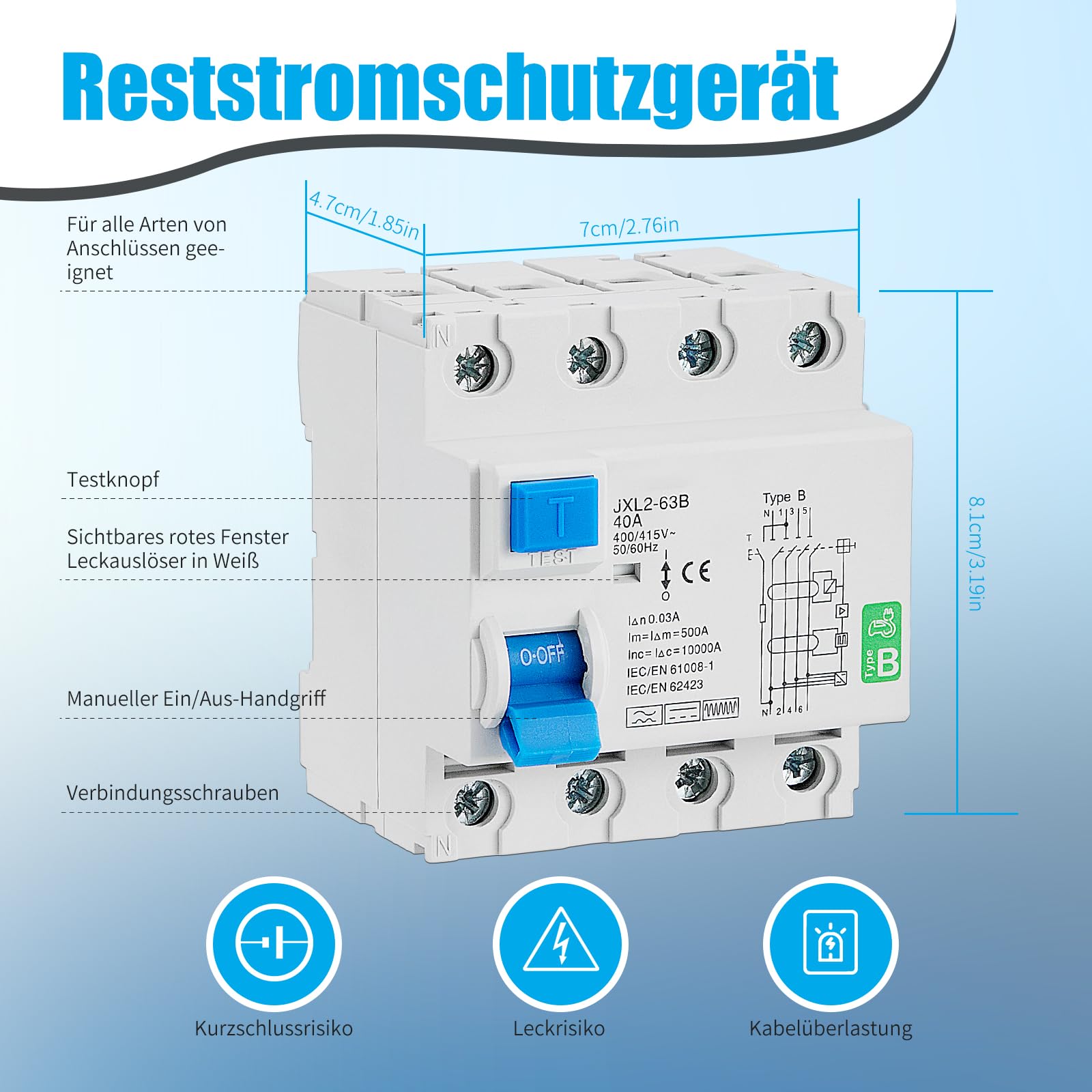 Fi Schutzschalter 40a 30ma 4 Polig mit 35mm Schiene,Fehlerstromschutzschalter Typ B,RCD, Allstromintensiv Schalter Automat Sicherung Sicherung,FI Schalter für Wallboxen Ladestationen